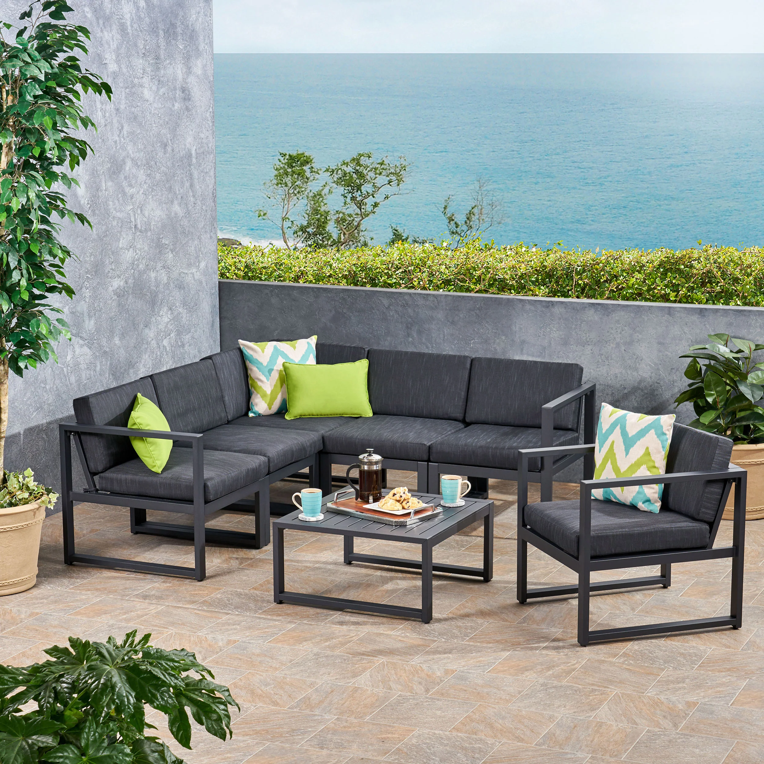 Dolan Outdoor Aluminum 6 Seater Sofa Set, Black and Dark Gray - furnishings
