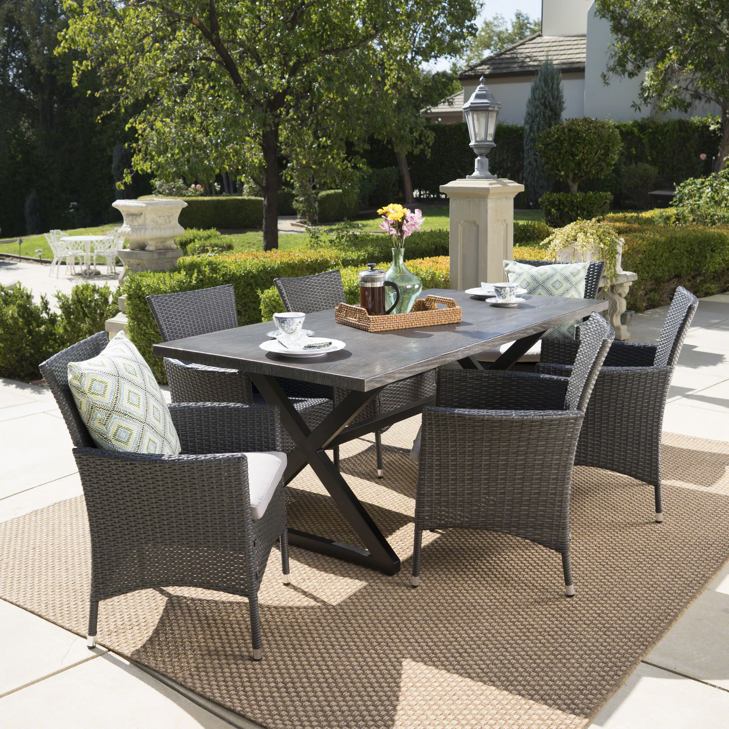 Dionlynn Outdoor 7 Piece Aluminum Dining Set with Wicker Dining Chairs - furnishings