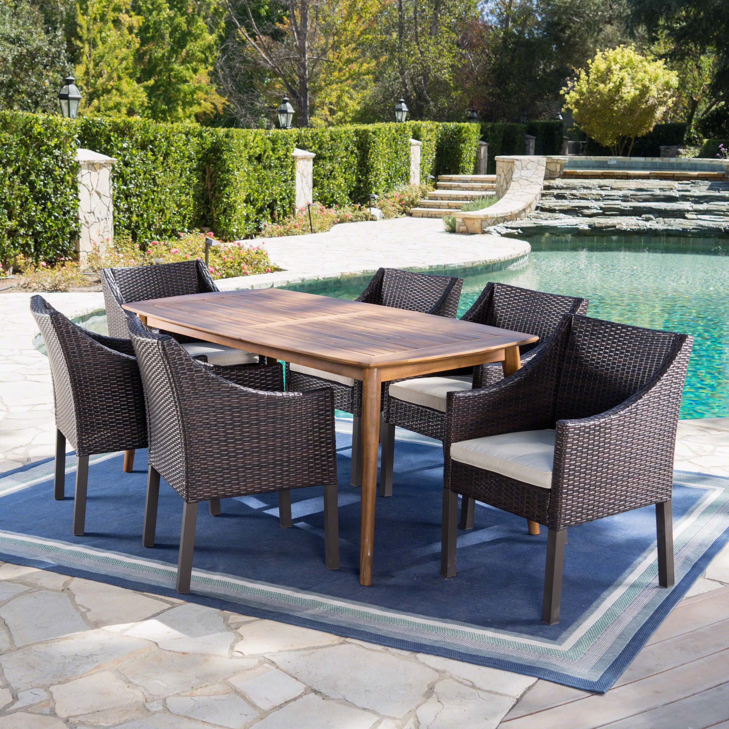 Kerk Outdoor 7 Piece Wicker Dining Set with Teak Finished Acacia Wood Table - furnishings
