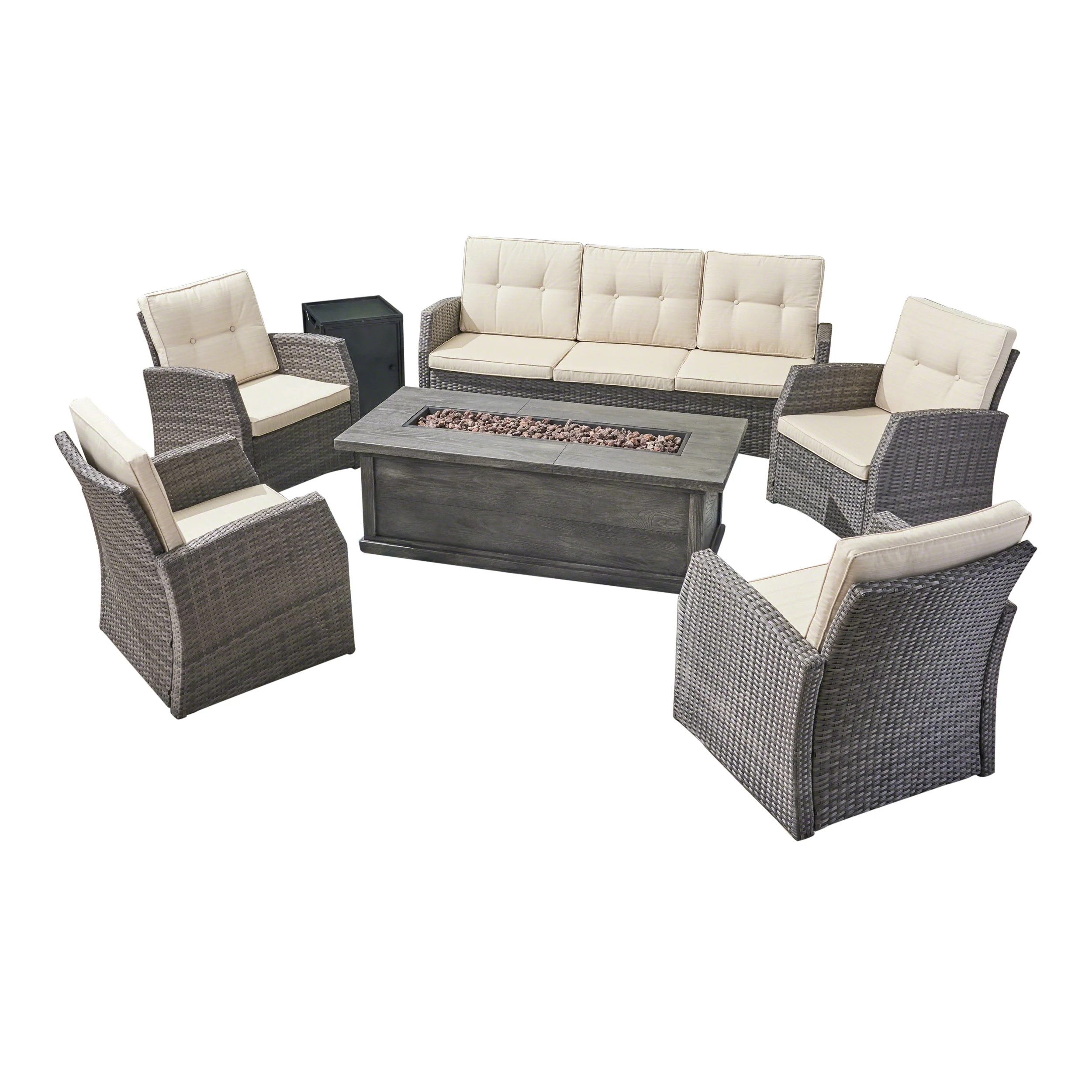 Jake Outdoor 7 Seater Wicker Chat Set with Wood Finished Fire Pit, Gray and Gray - furnishings