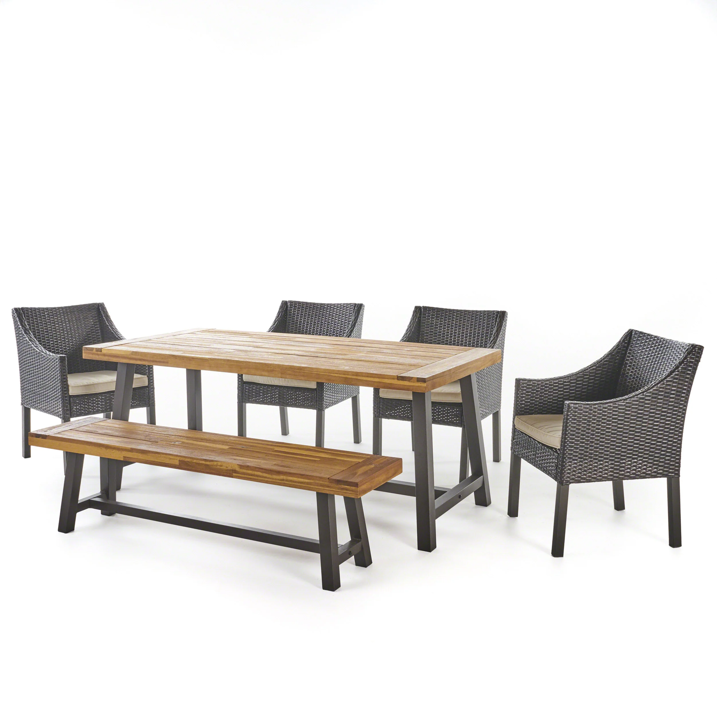 Okanna Outdoor 6 Piece Multi-brown Wicker and Acacia Sandblast Wood Dining Set - furnishings