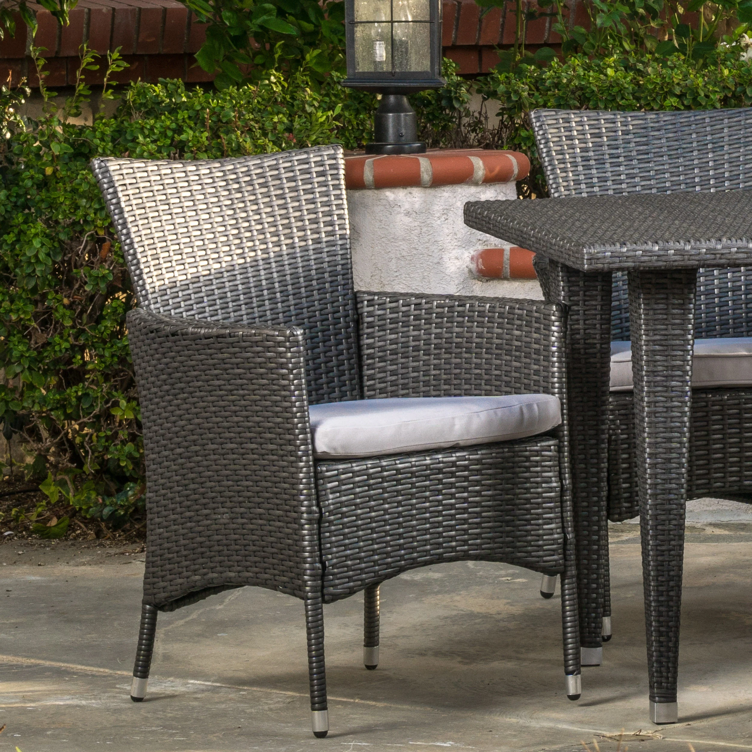 Brynhild Outdoor 5-Piece Gray Wicker Dining Set with Gray Cushions - furnishings