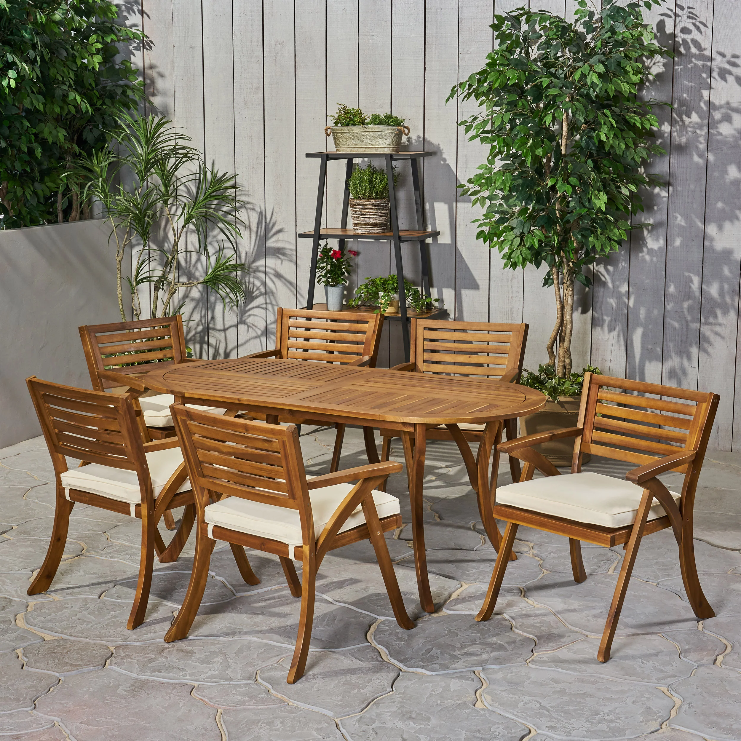 Hestia Outdoor 6 Seater Acacia Wood Oval Dining Set with Cushions - furnishings