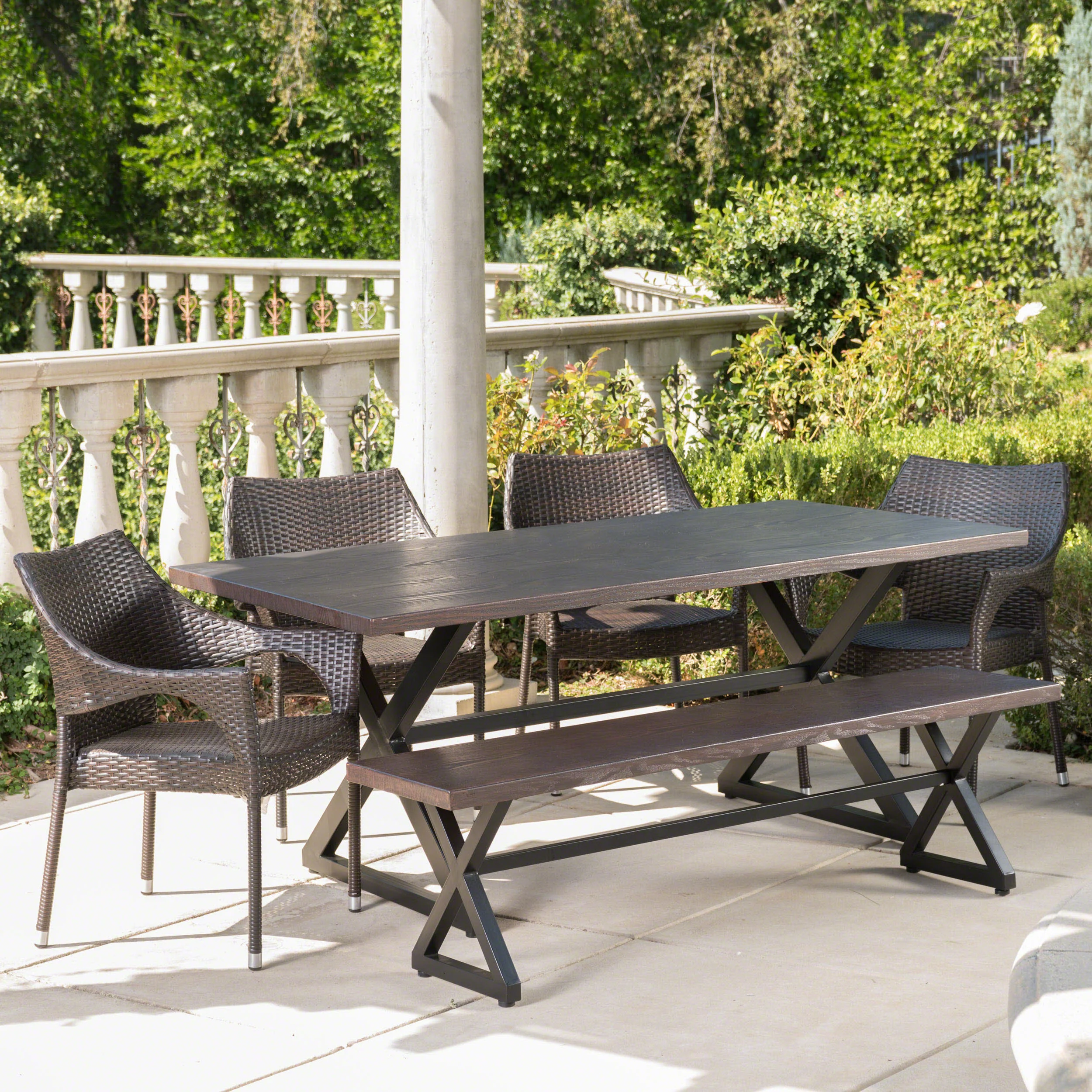Ismus Outdoor 6 Piece Aluminum Dining Set with Bench and Stacking Chairs - furnishings