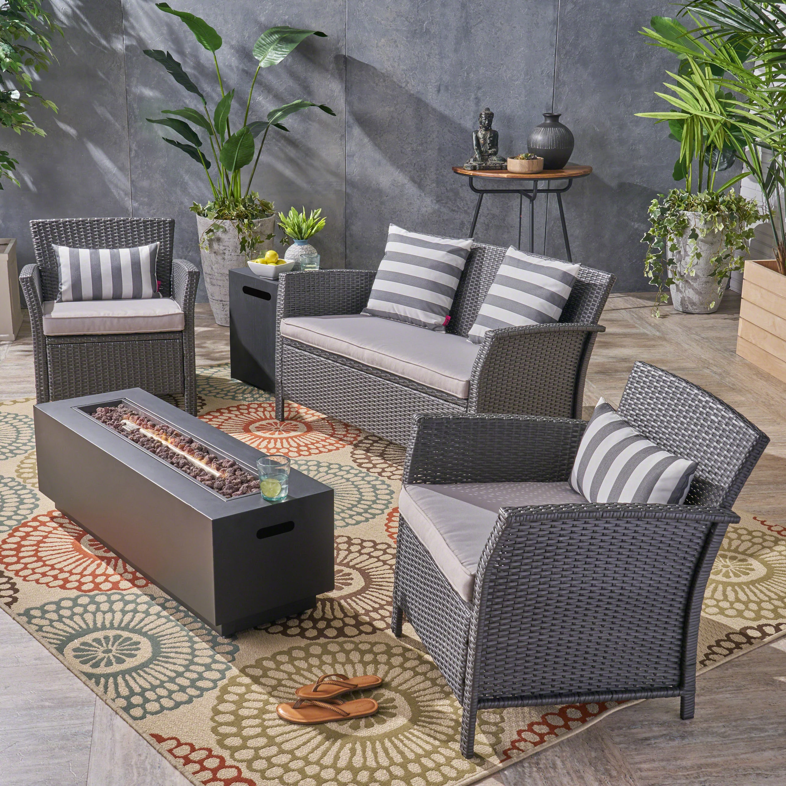 Mason Outdoor 4 Seater Wicker Chat Set with Fire Pit - furnishings