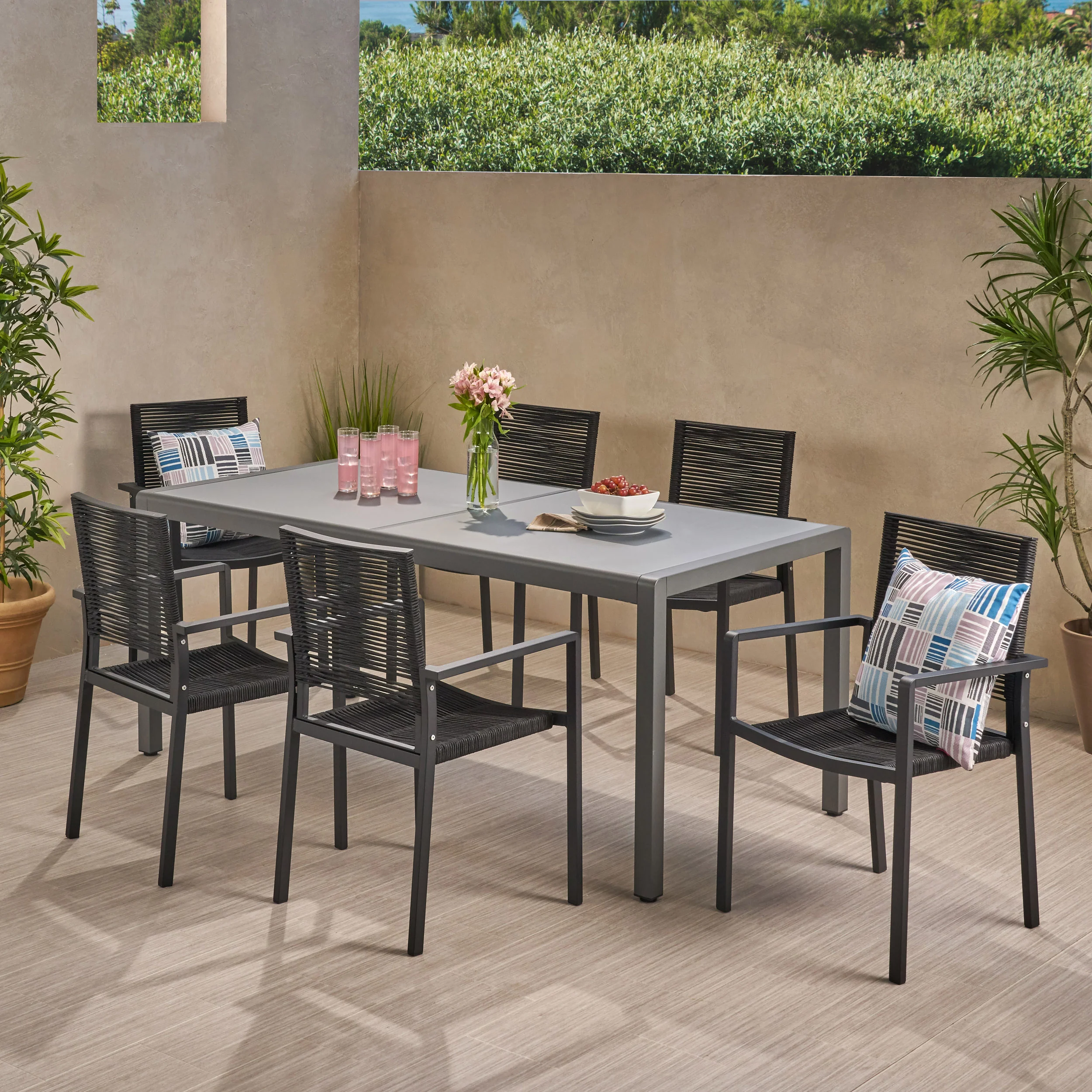 Aaleigha Outdoor Modern 6 Seater Aluminum Dining Set with Tempered Glass Table Top - furnishings