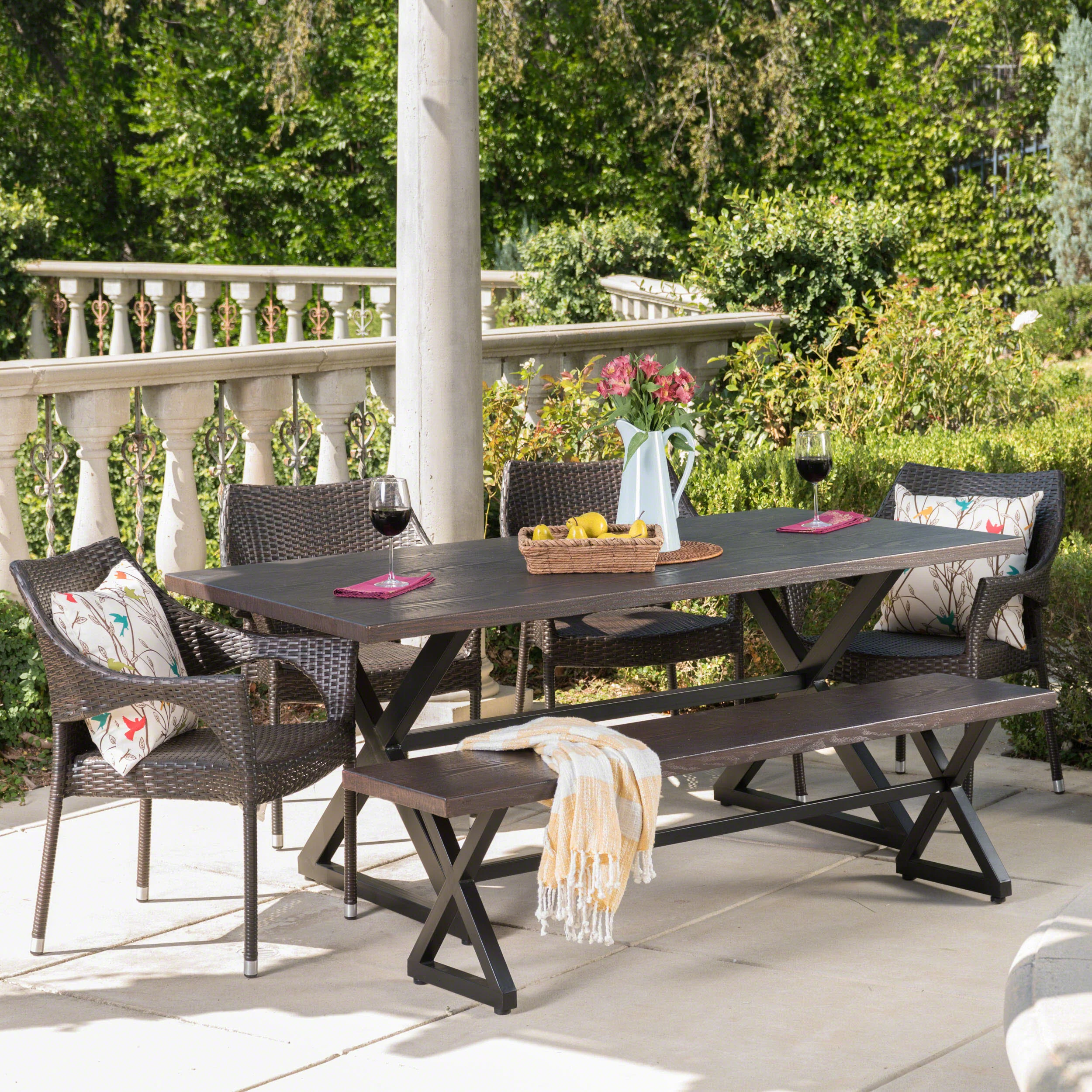 Ismus Outdoor 6 Piece Aluminum Dining Set with Bench and Stacking Chairs - furnishings