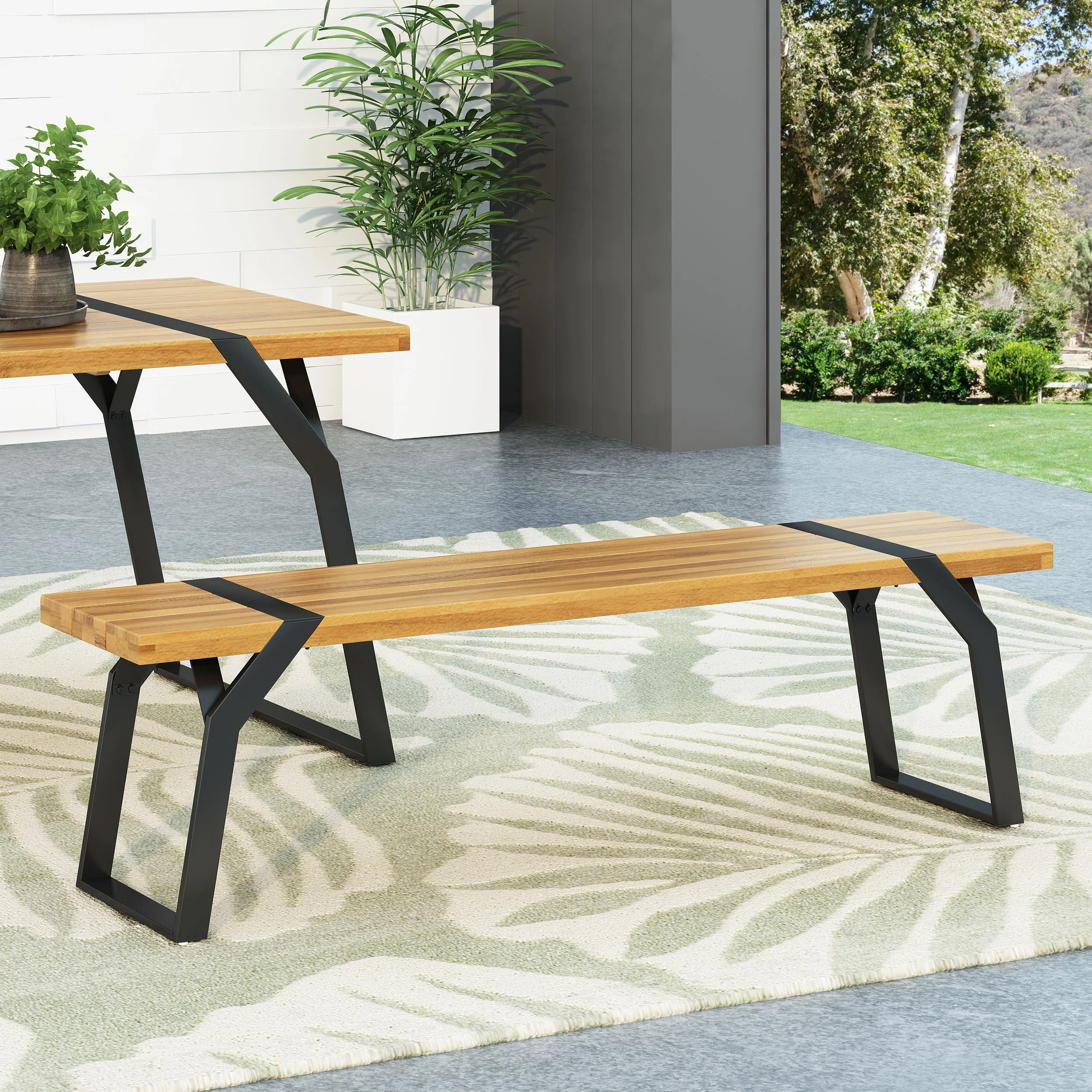 Pepple Outdoor Acacia Wood Dining Bench, Teak and Black - furnishings