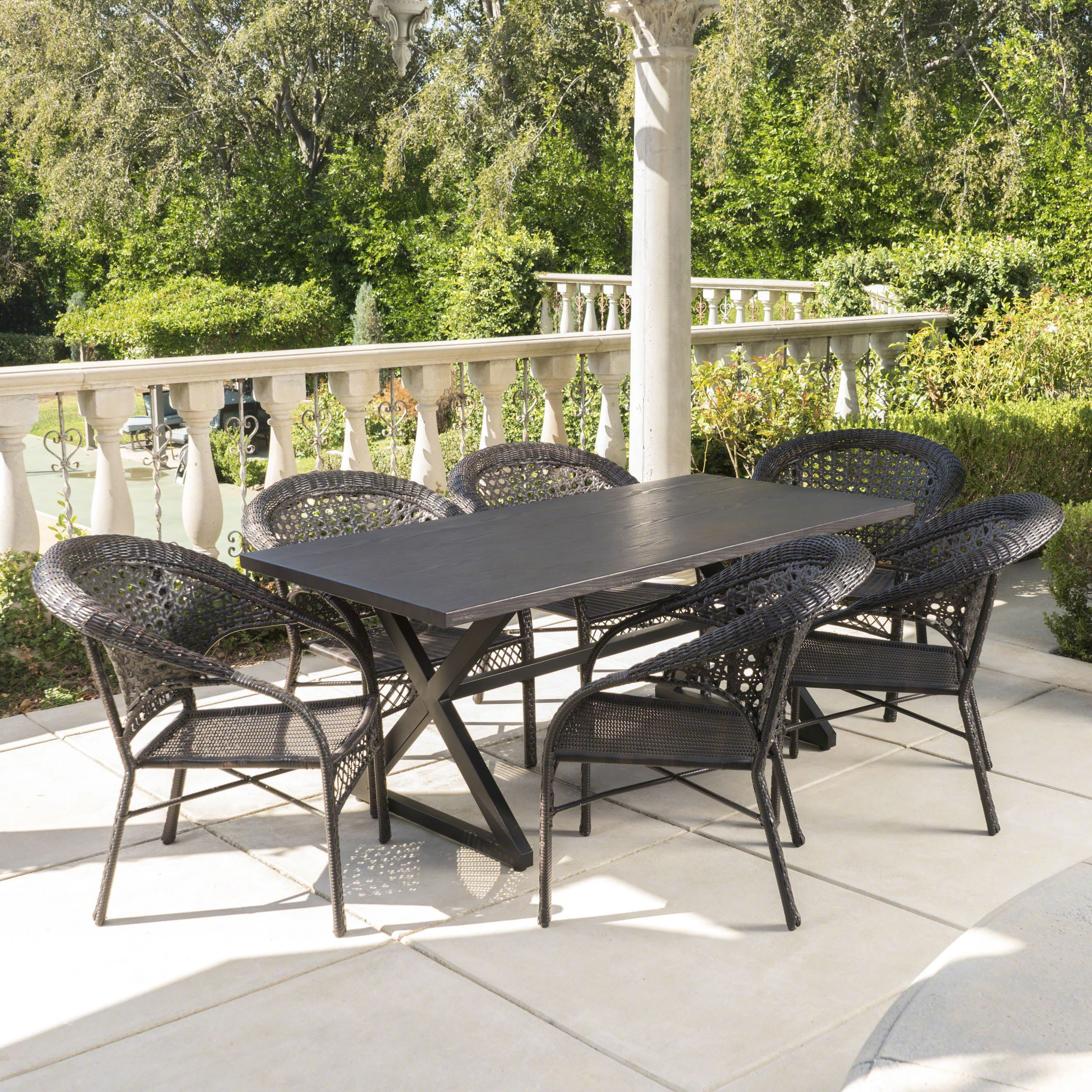 Solloom Outdoor 7 Piece Multi-brown Wicker Dining Set with Brown Aluminum Table - furnishings