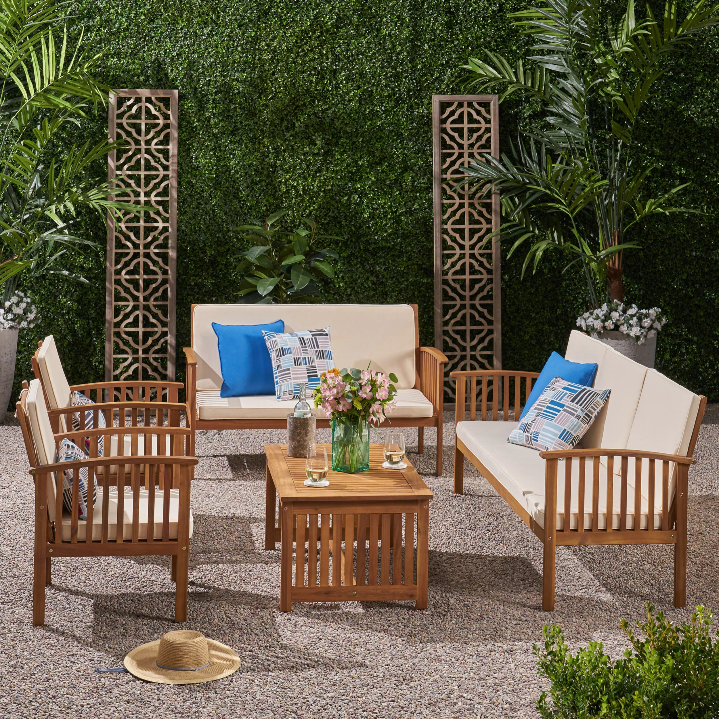 Simona Outdoor 5 Piece Acacia Wood Conversational Set - furnishings