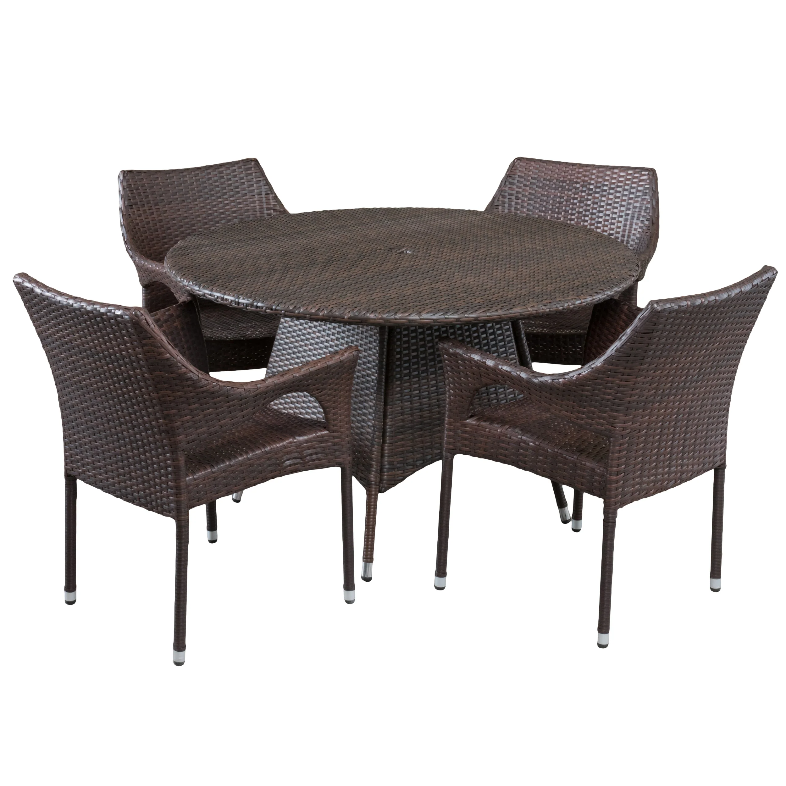 Lorelei Outdoor 5-Piece Multi-Brown Wicker Round Dining Set with Umbrella Hole - furnishings