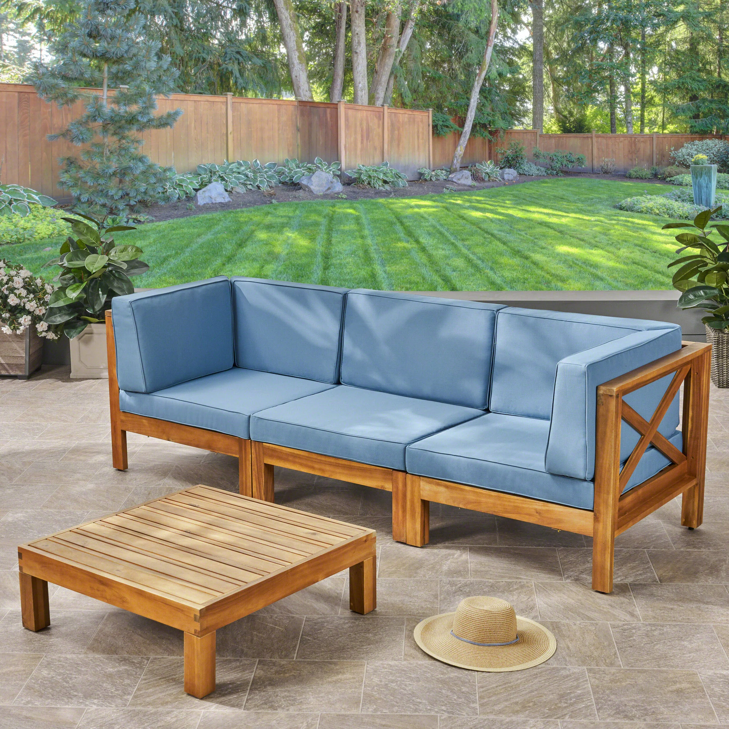 Brava Outdoor Modular Acacia Wood Sofa and Coffee Table Set with Cushions - furnishings
