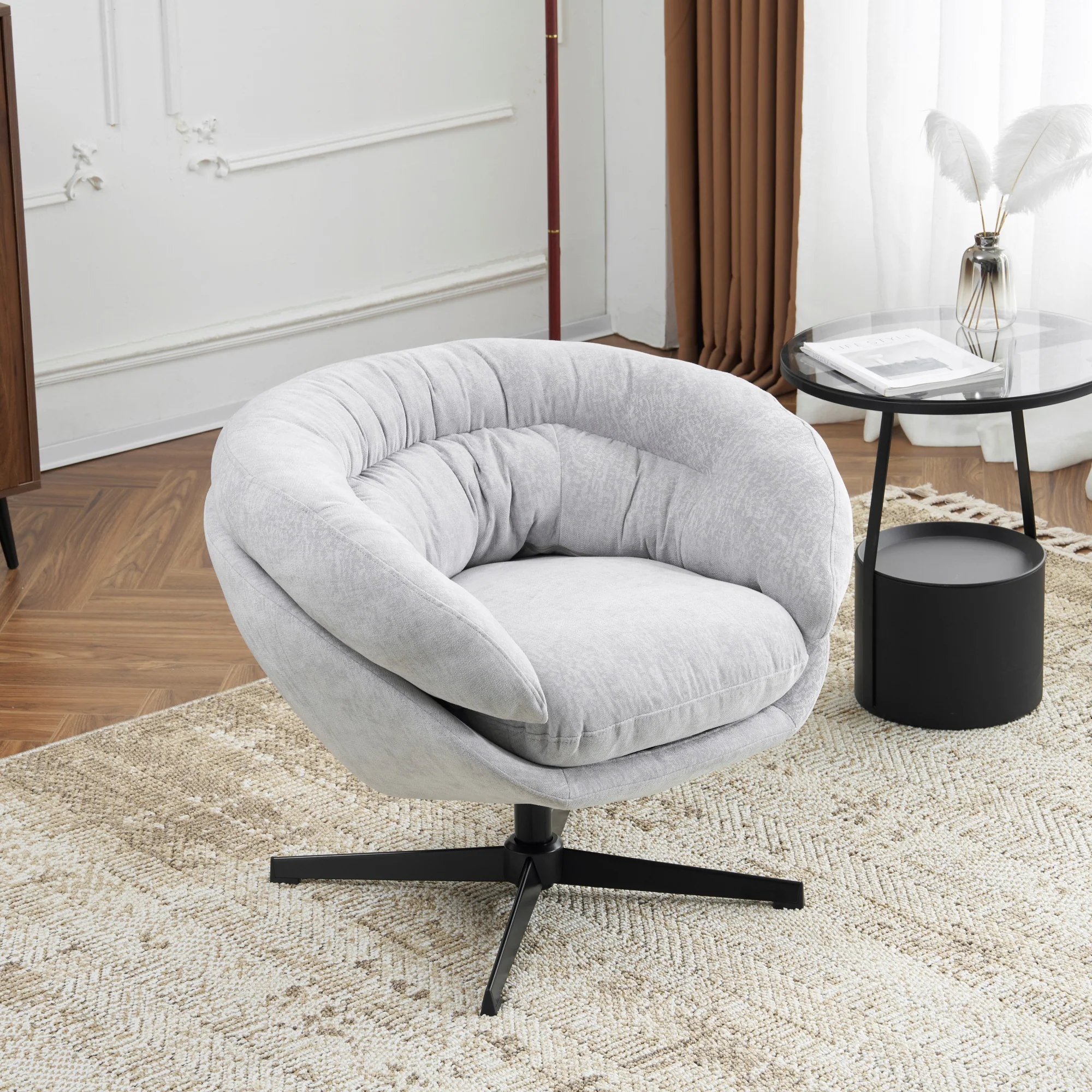 Olevate Chenille Upholstered 360 degree Swivel Arm Chair, Metal Cross-shape legs - furnishings