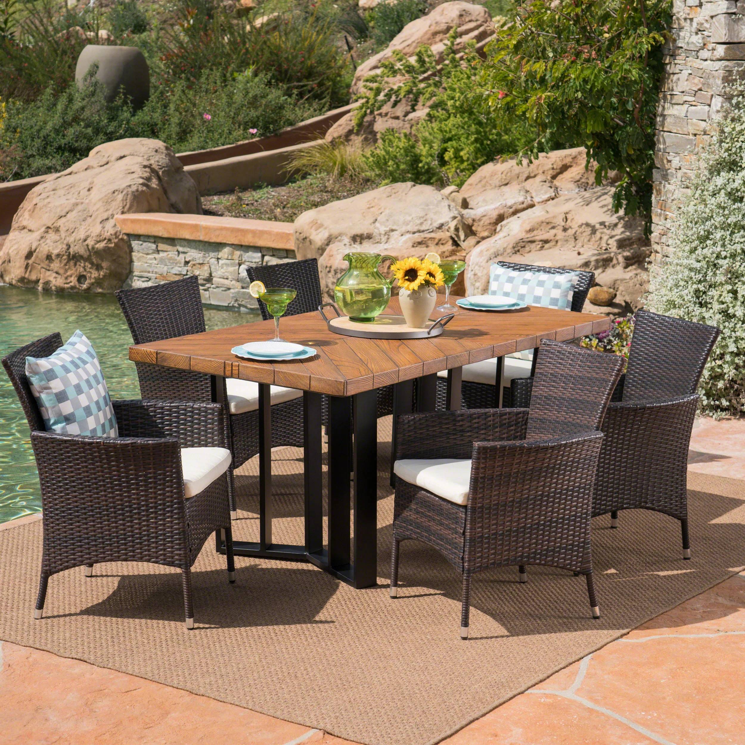 Truda Outdoor 7 Piece Wicker Dining Set with Concrete Dining Table - furnishings
