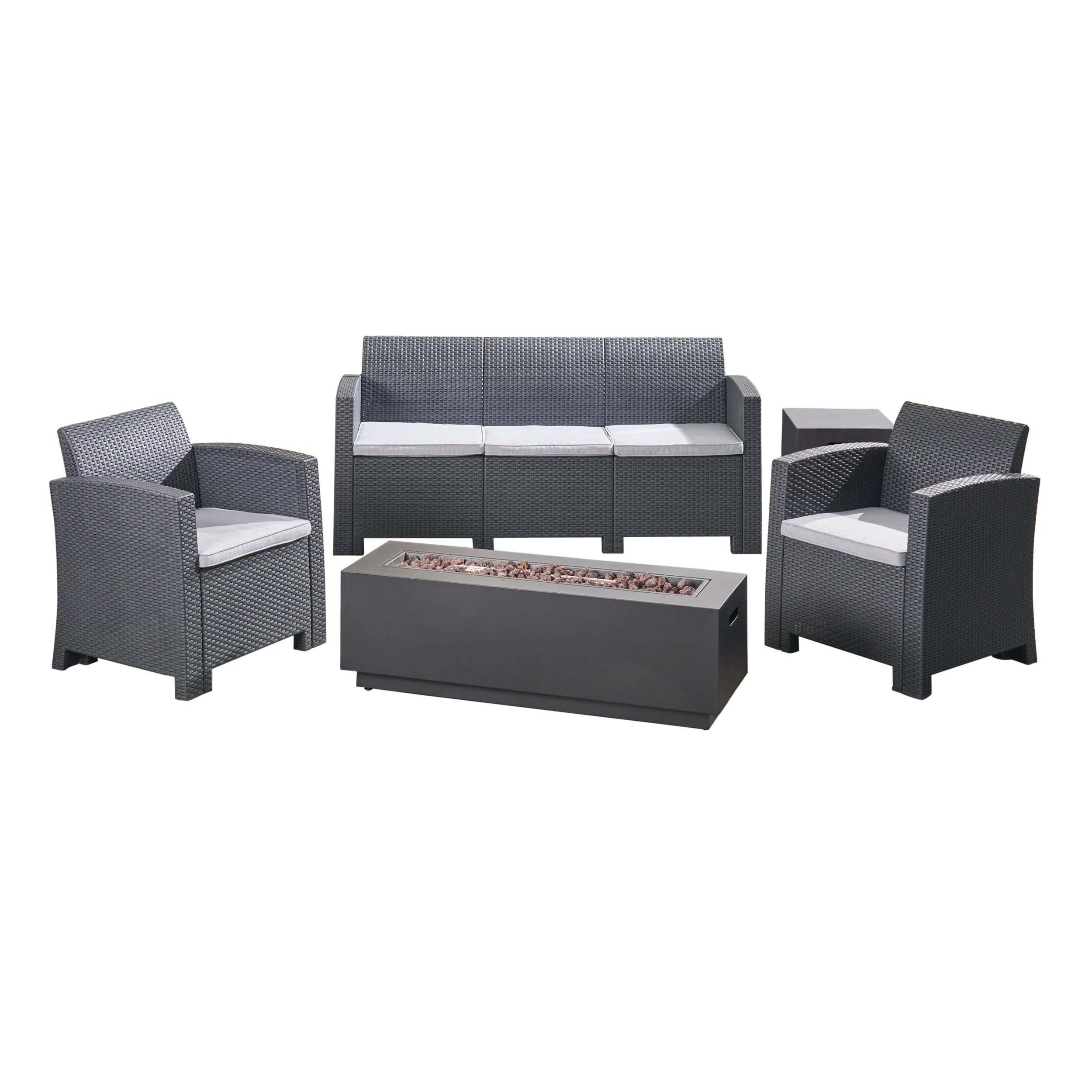 Dane Outdoor 5-Seater Wicker Print Chat Set with Fire Pit and Tank Holder, Charcoal with Light Gray and Dark Gray - furnishings
