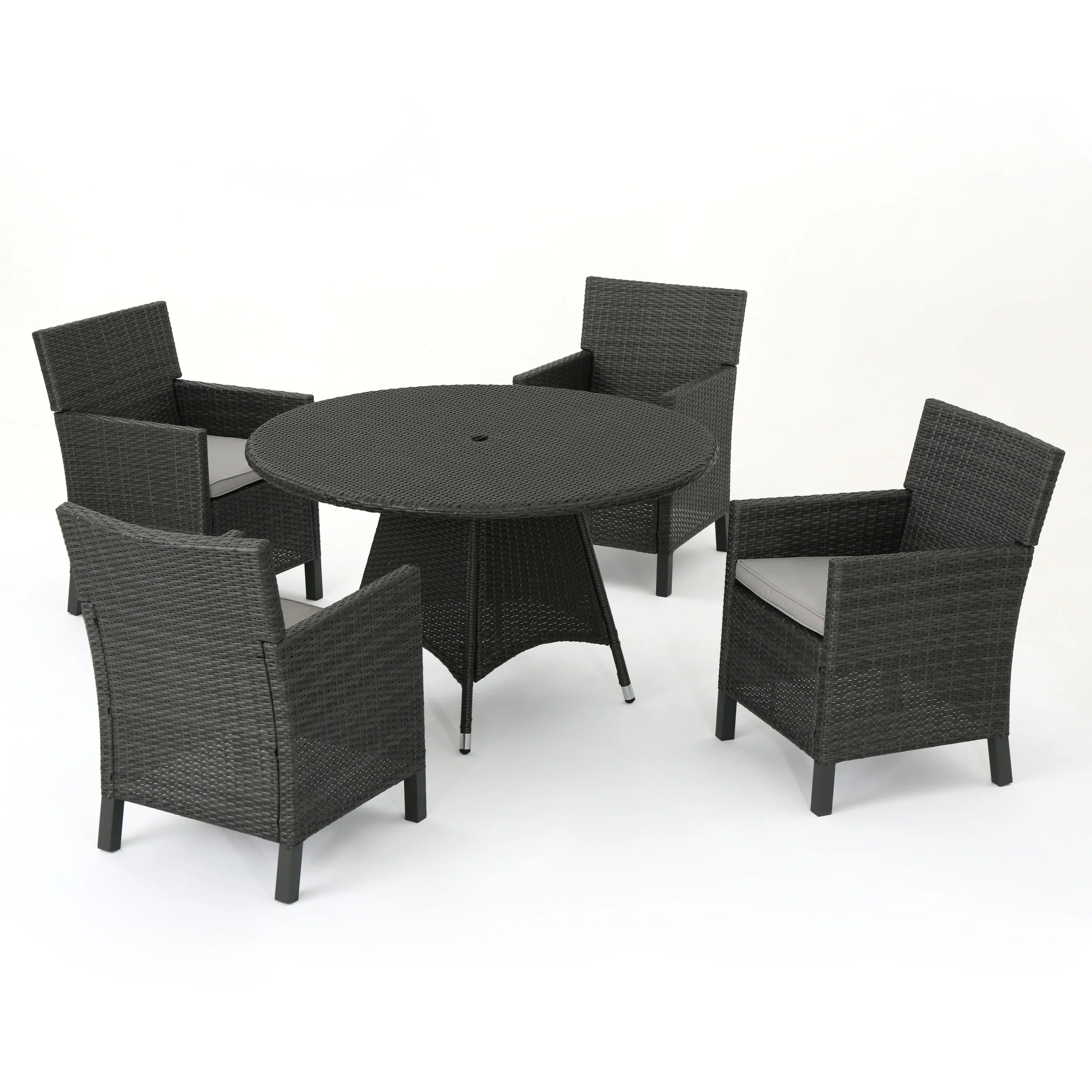 Cyril Outdoor 5 Piece Wicker Round Dining Set with Water Resistant Cushions - furnishings