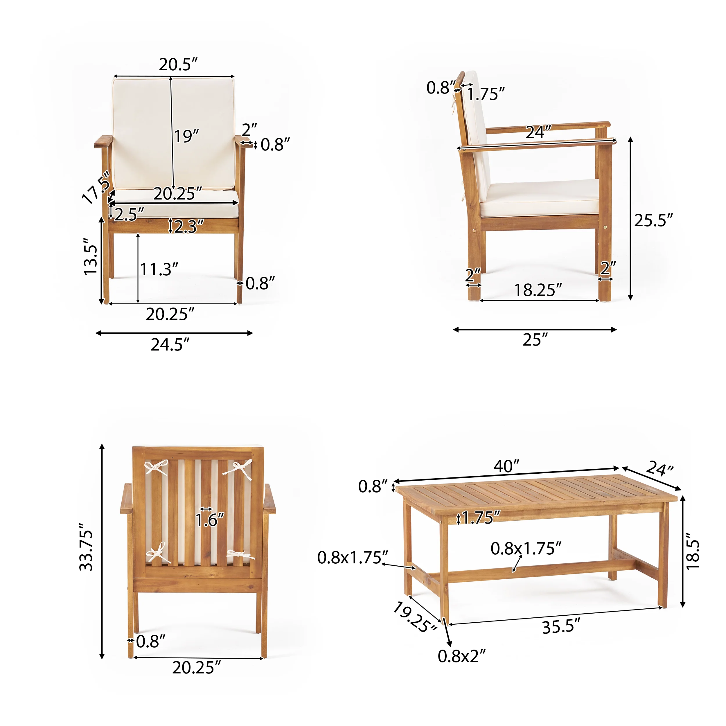 Luciano Outdoor Acacia Wood Chat Set w/ Water Resistant Cushions - furnishings