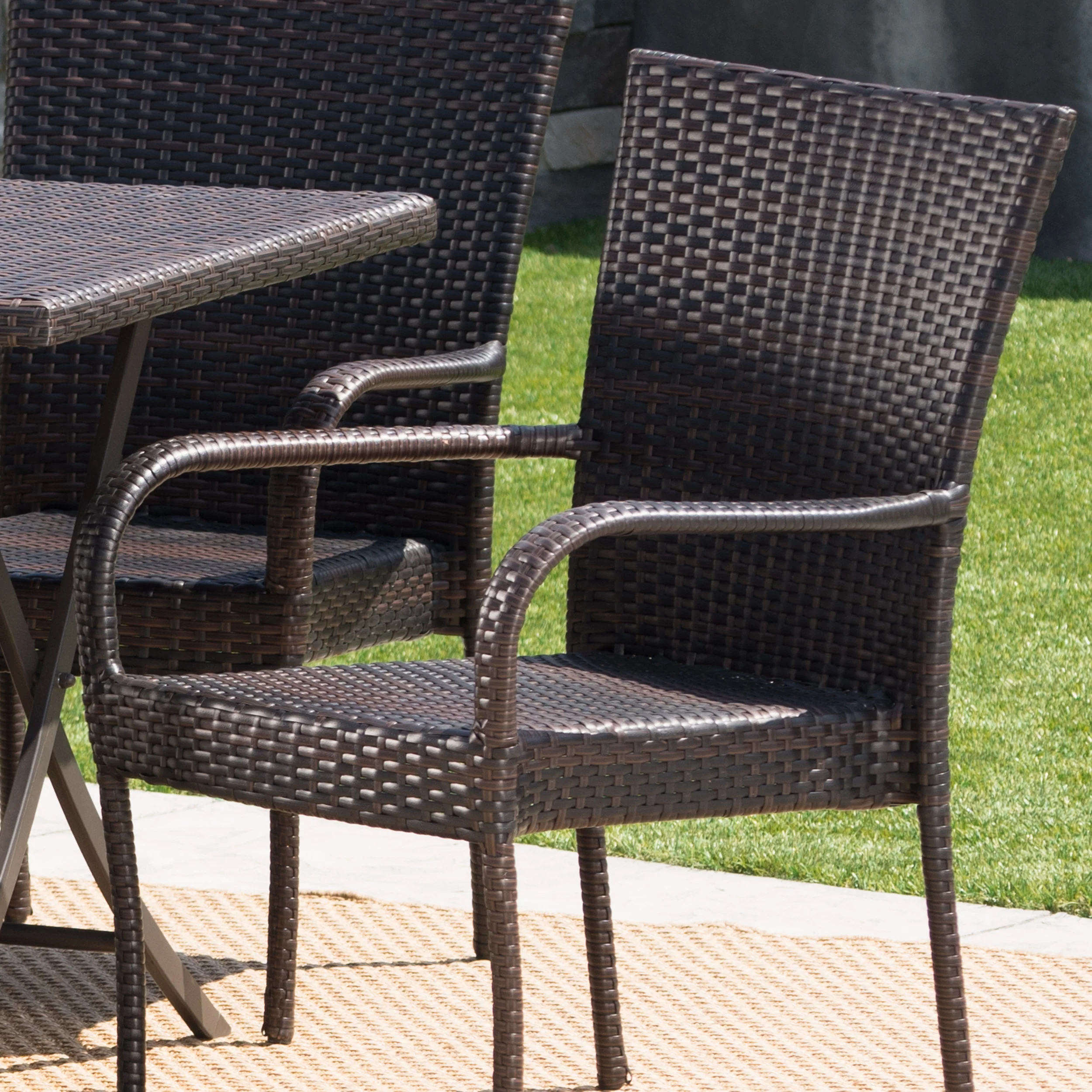 Nina Outdoor 7-Piece Multi-Brown Wicker Dining Set with Foldable Table - furnishings
