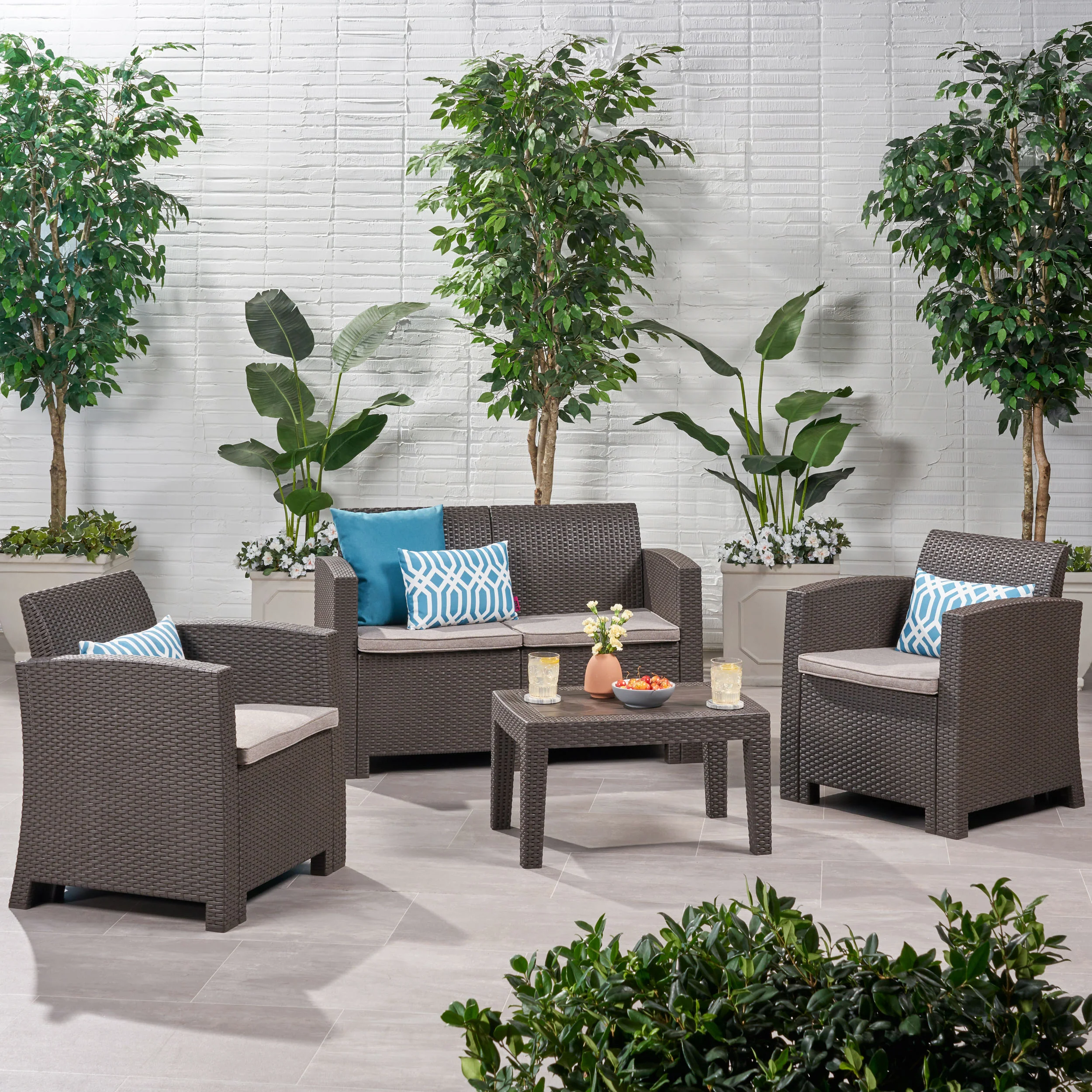 Dayton Outdoor 4 Piece Faux Wicker Rattan Chat Set with Water Resistant Cushions - furnishings
