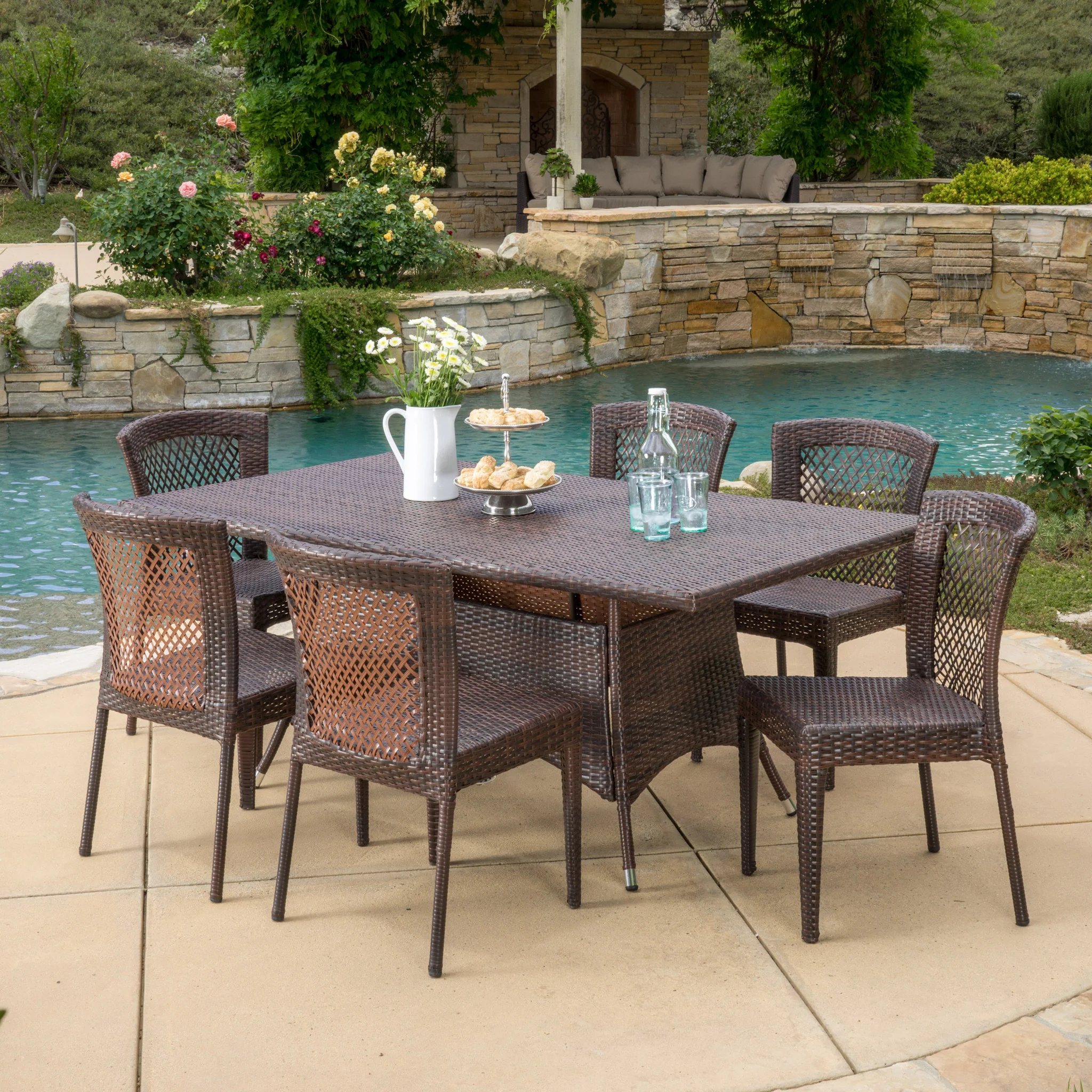Perry Outdoor 7-Piece Multi-Brown Wicker Dining Set with Umbrella Hole - furnishings
