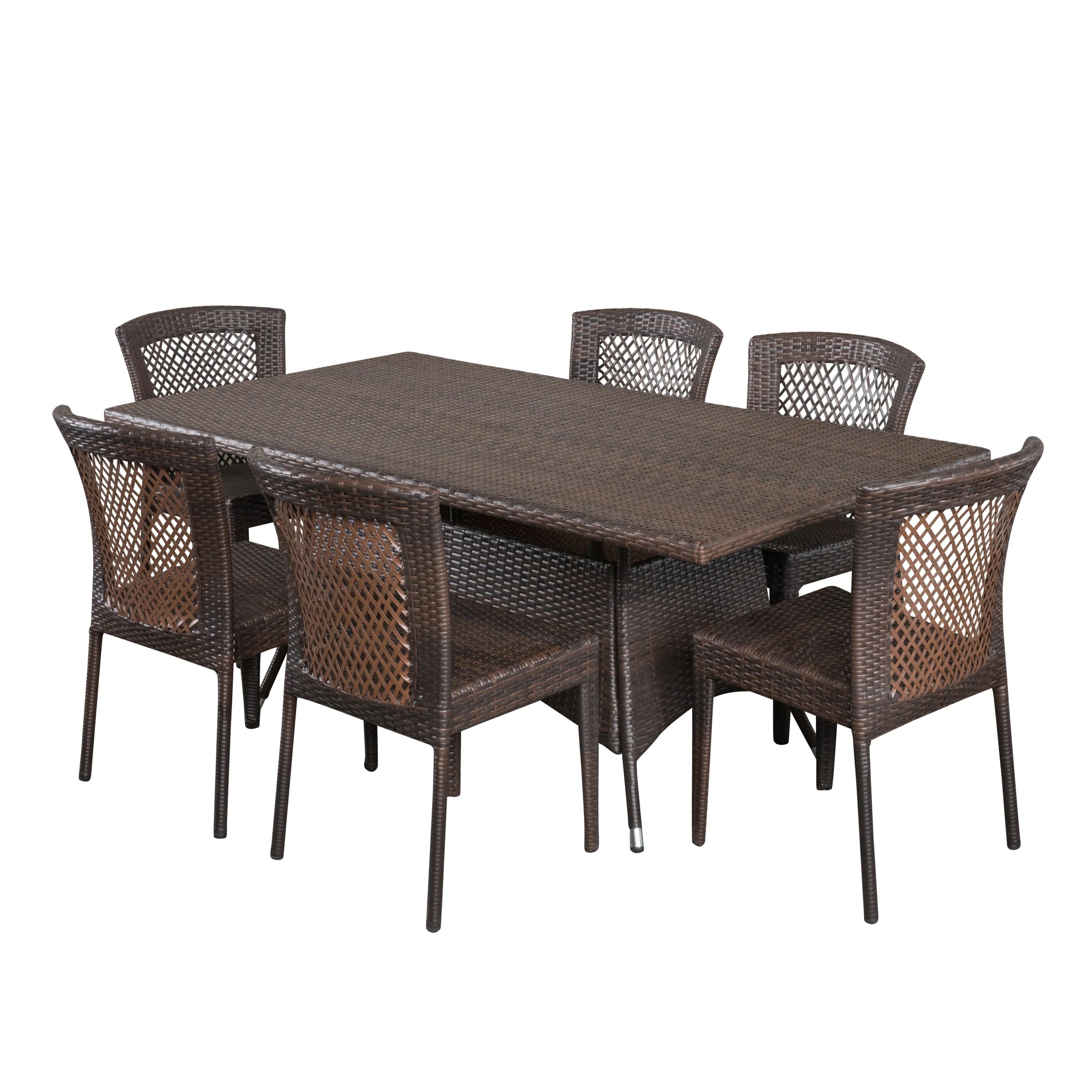 Perry Outdoor 7-Piece Multi-Brown Wicker Dining Set with Umbrella Hole - furnishings