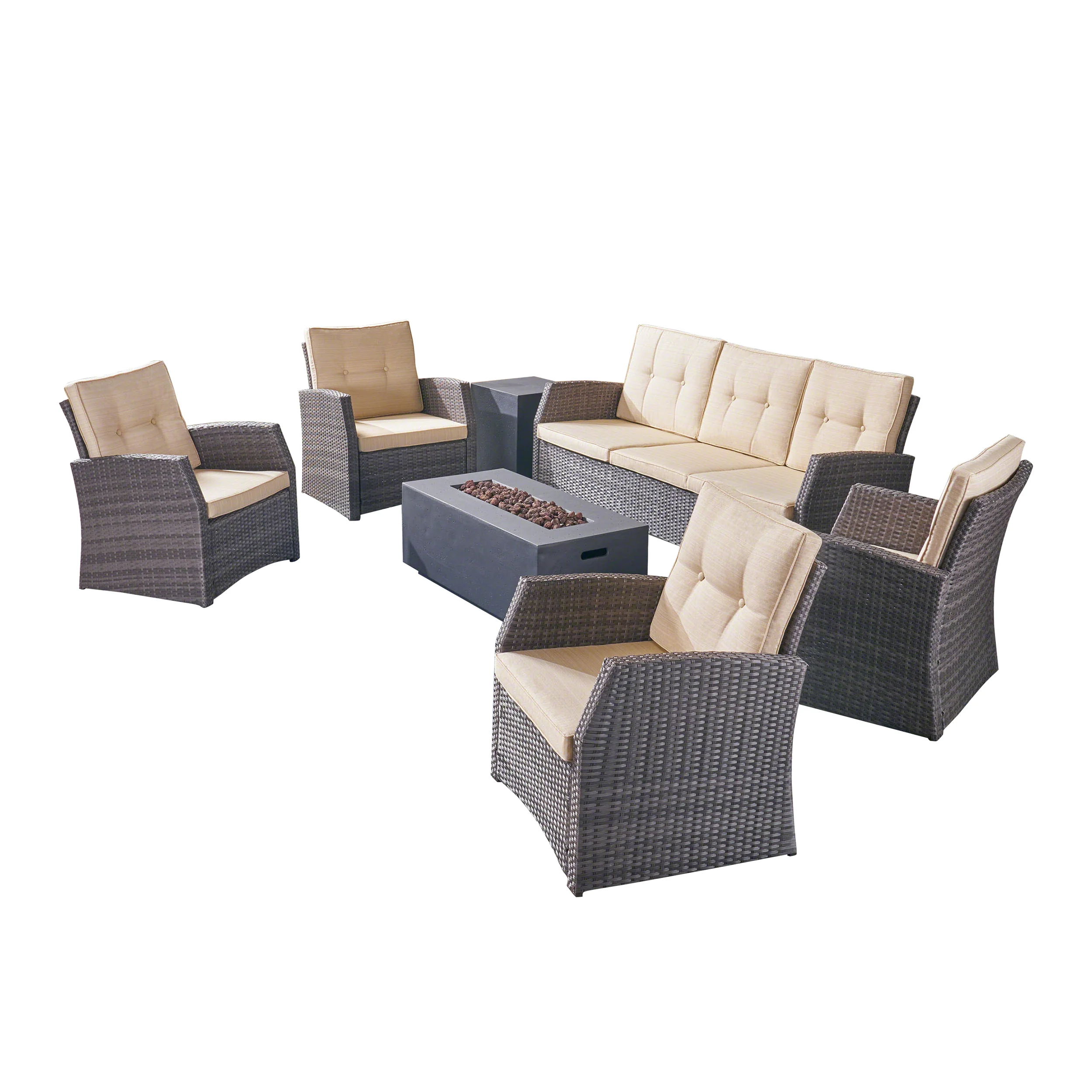 Jake Outdoor 7 Seater Wicker Chat Set with Light Weight Concrete Fire Pit, Gray and Dark Gray - furnishings