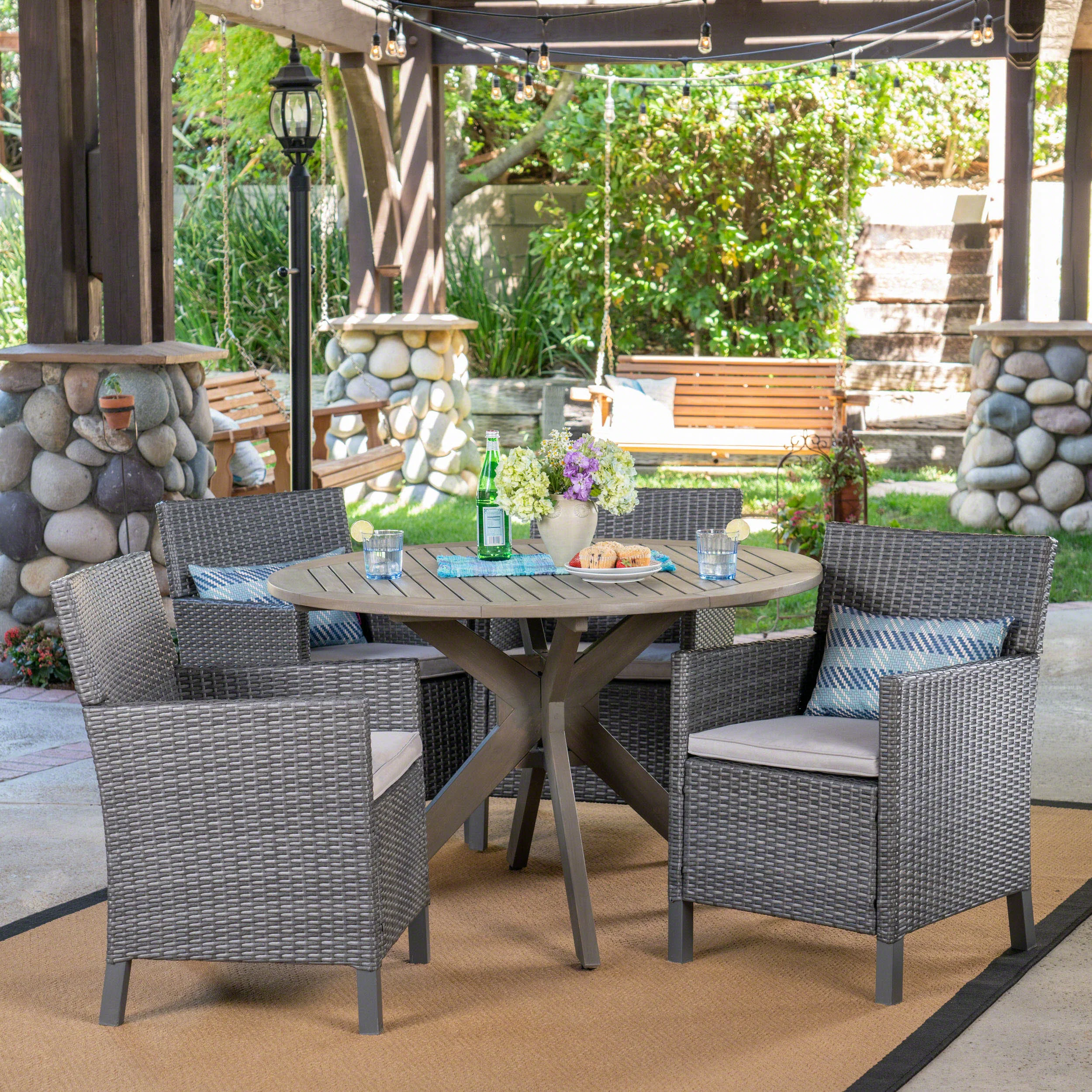Kirby Outdoor 5 Piece Wood and Wicker Dining Set, Gray and Gray - furnishings