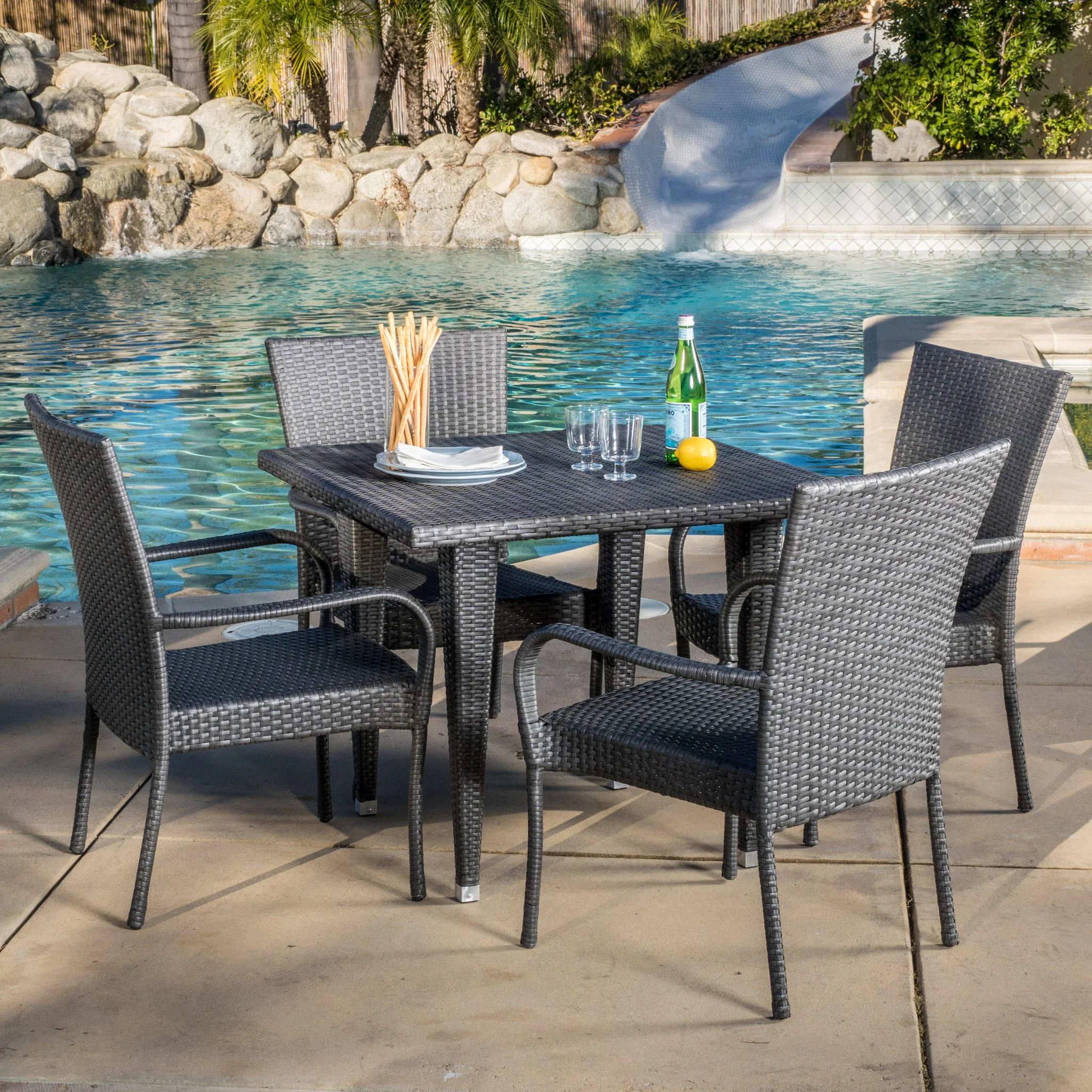 Antonio Outdoor 5-Piece Gray Wicker Dining Set with Stackable Chairs - furnishings