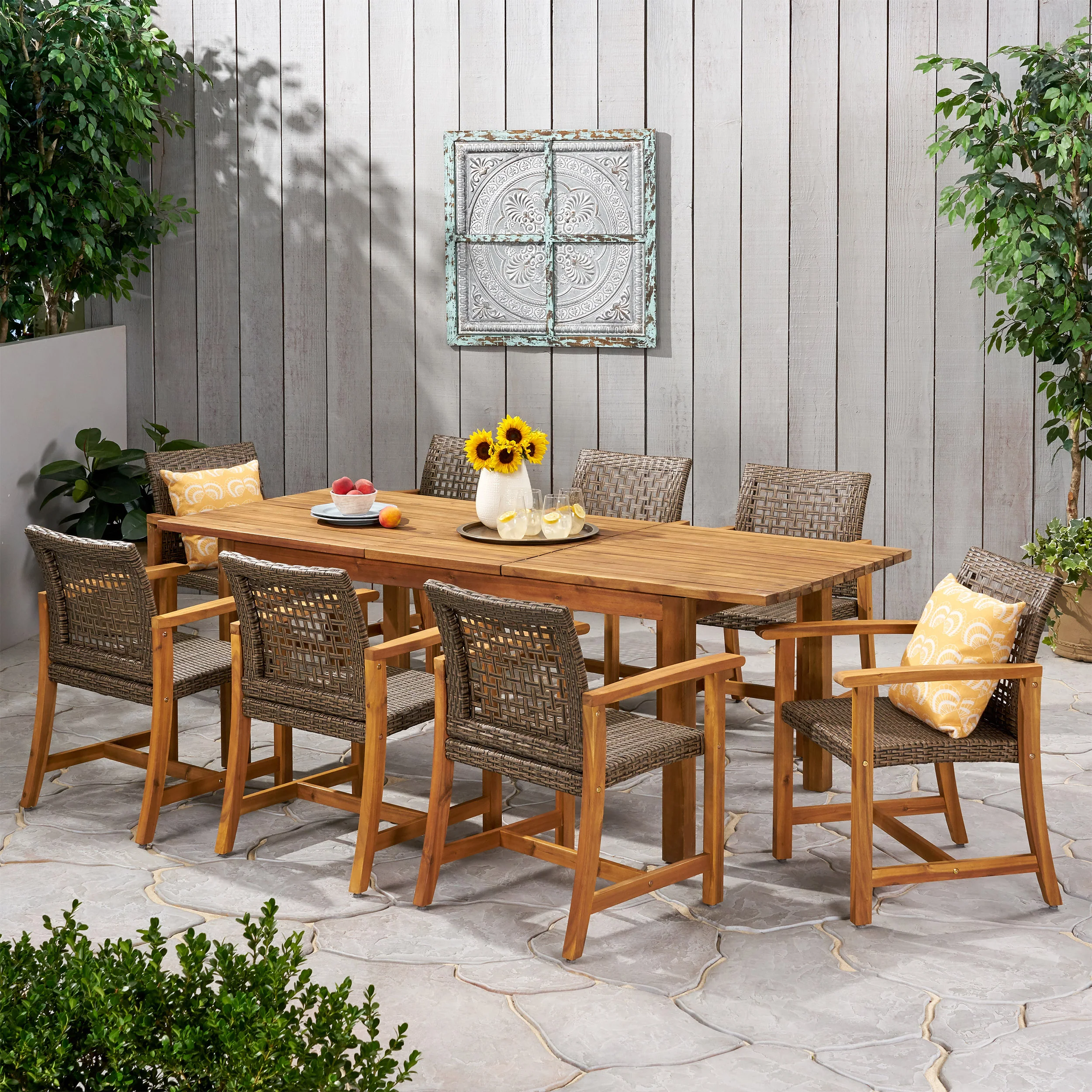 Chassidy Outdoor 8 Seater Acacia Wood Dining Set with Expandable Table - furnishings
