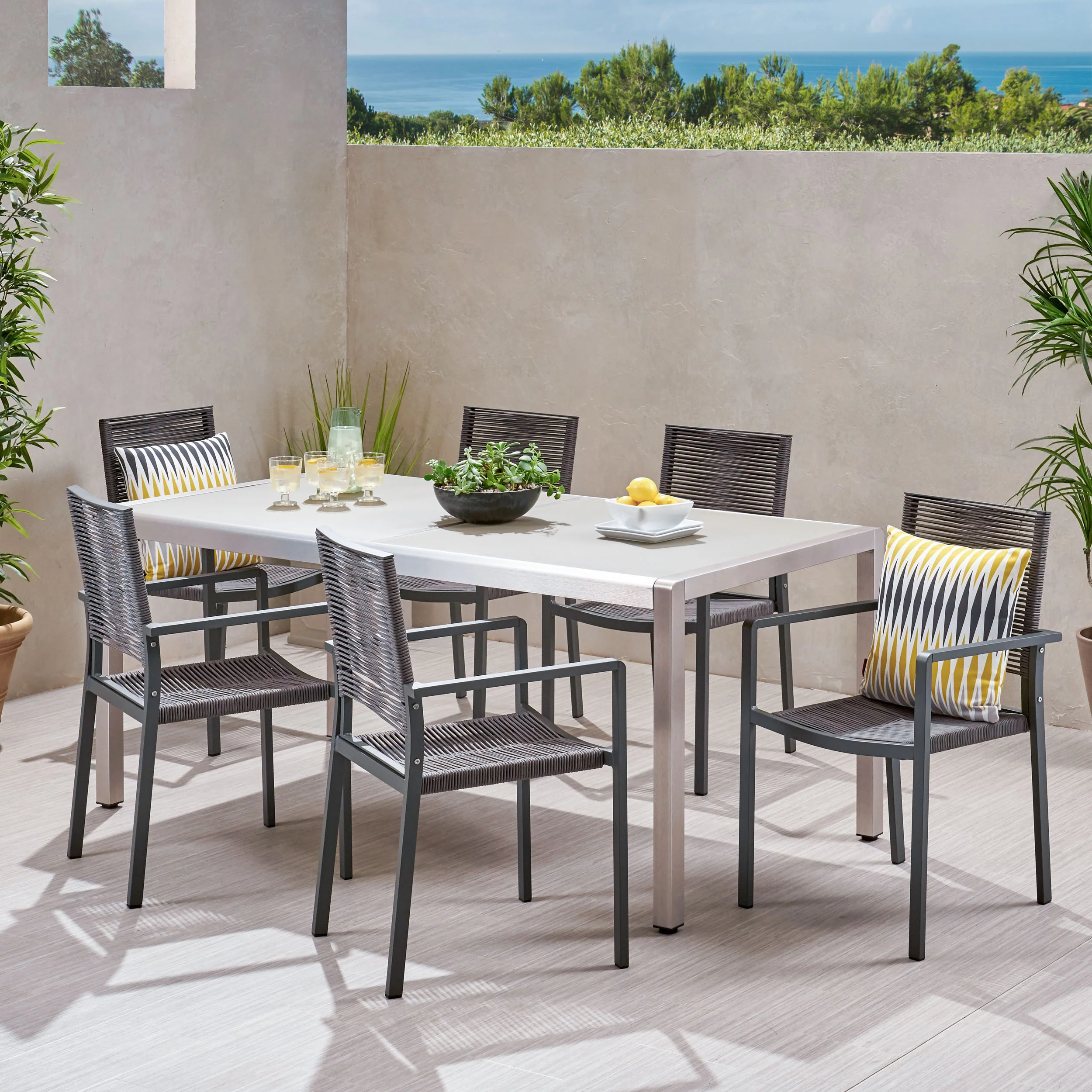 Aaleigha Outdoor Modern 6 Seater Aluminum Dining Set with Tempered Glass Table Top - furnishings