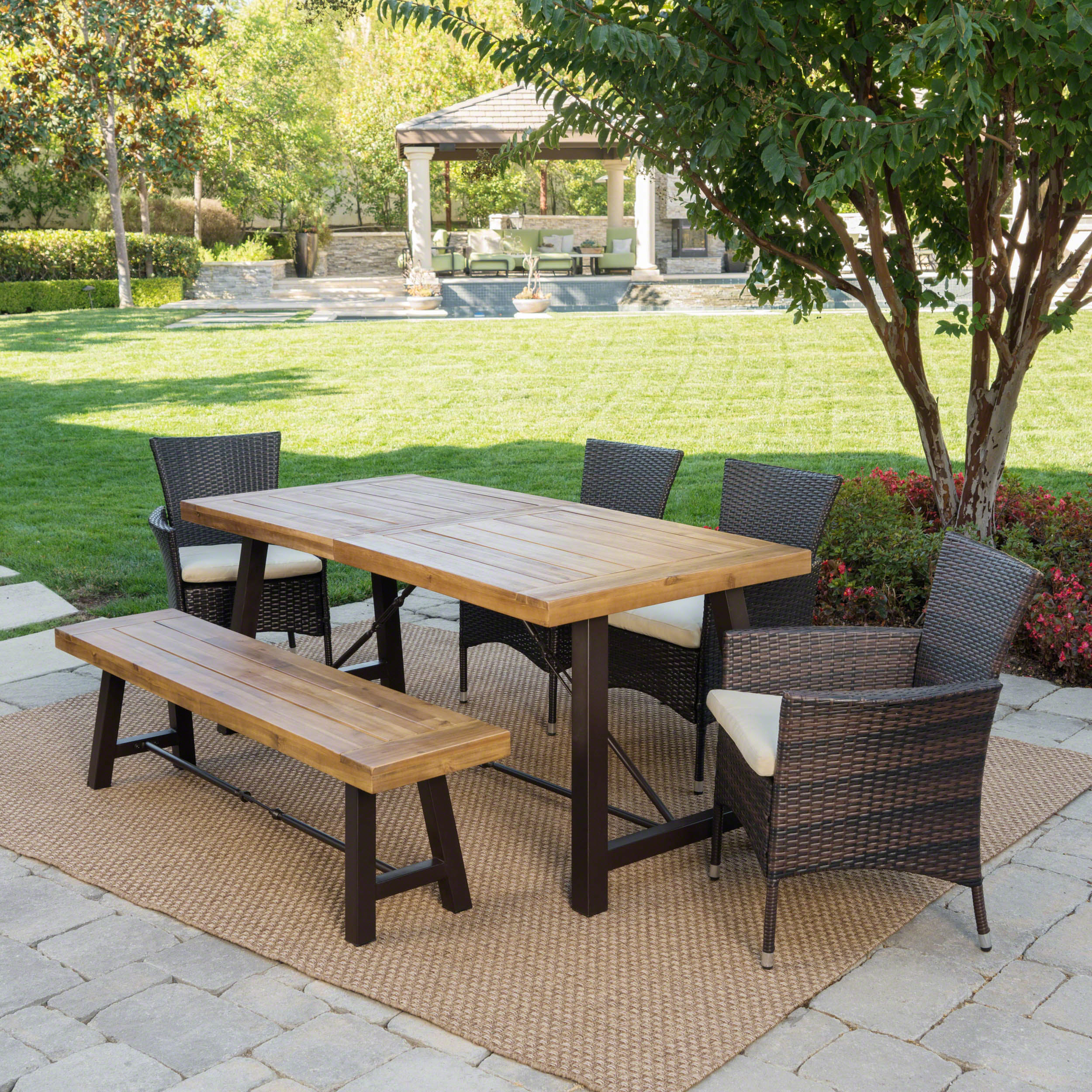 Jenine Outdoor 6 Piece Teak Finished Acacia Wood Dining Set with Multi-brown Dining Chairs - furnishings