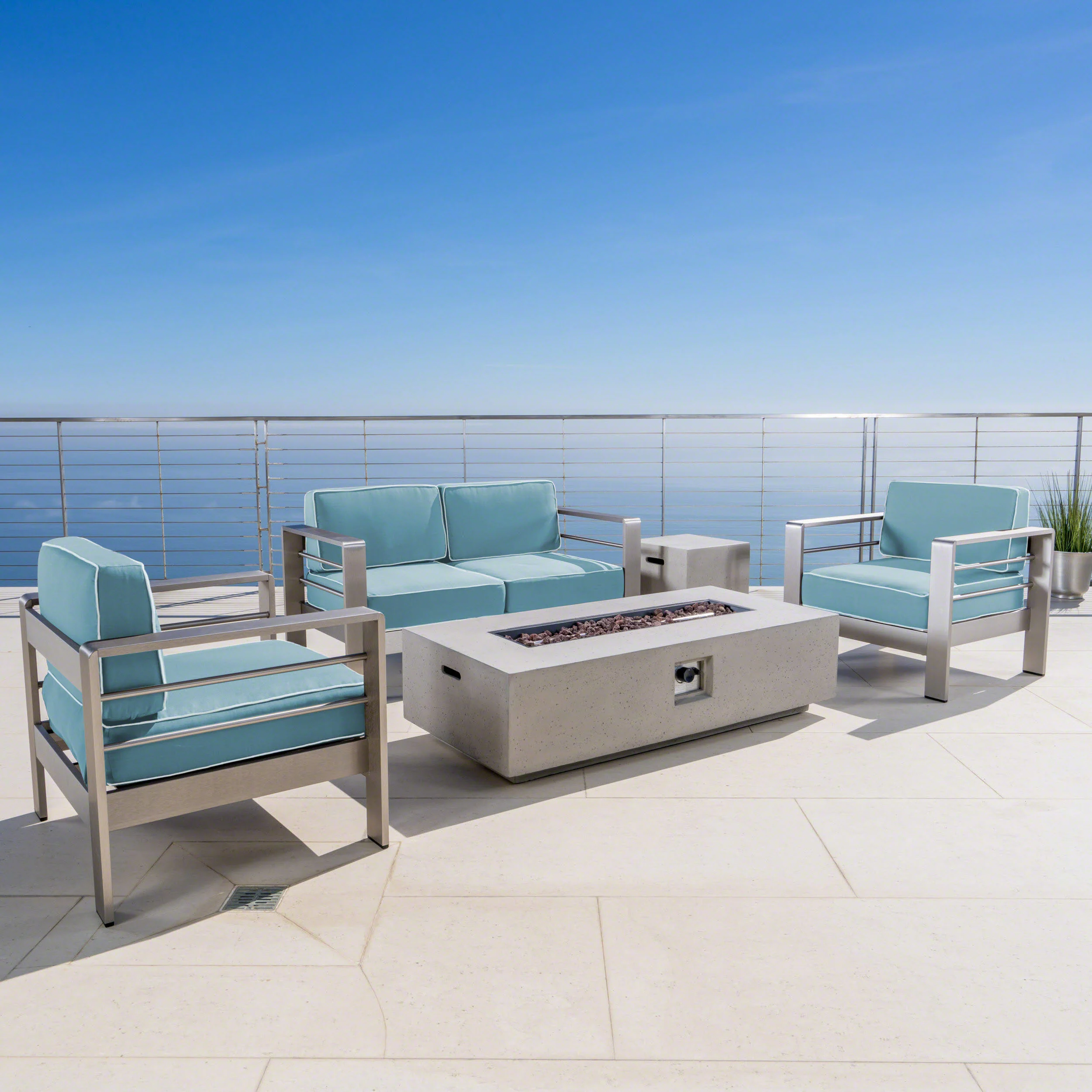 Crested Bay 5 Piece Aluminum Chat Set with Water Resistant Cushions and Fire Pit - furnishings