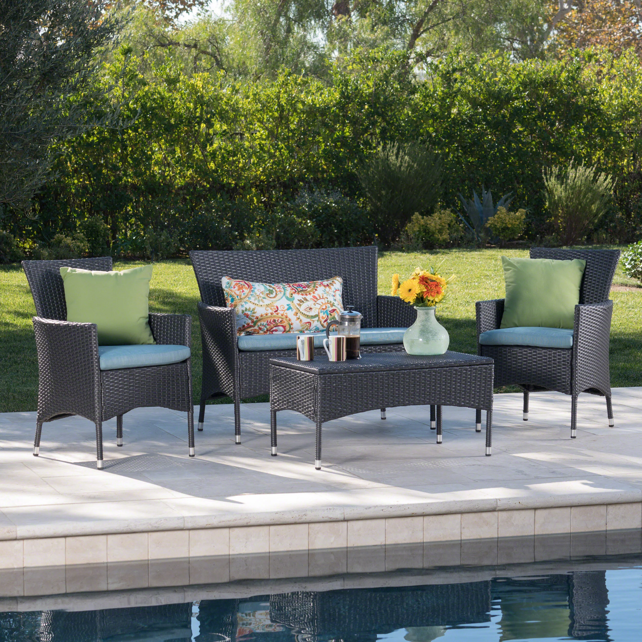 Mina Outdoor 4 Piece Wicker Chat Set with Water Resistant Cushions - furnishings