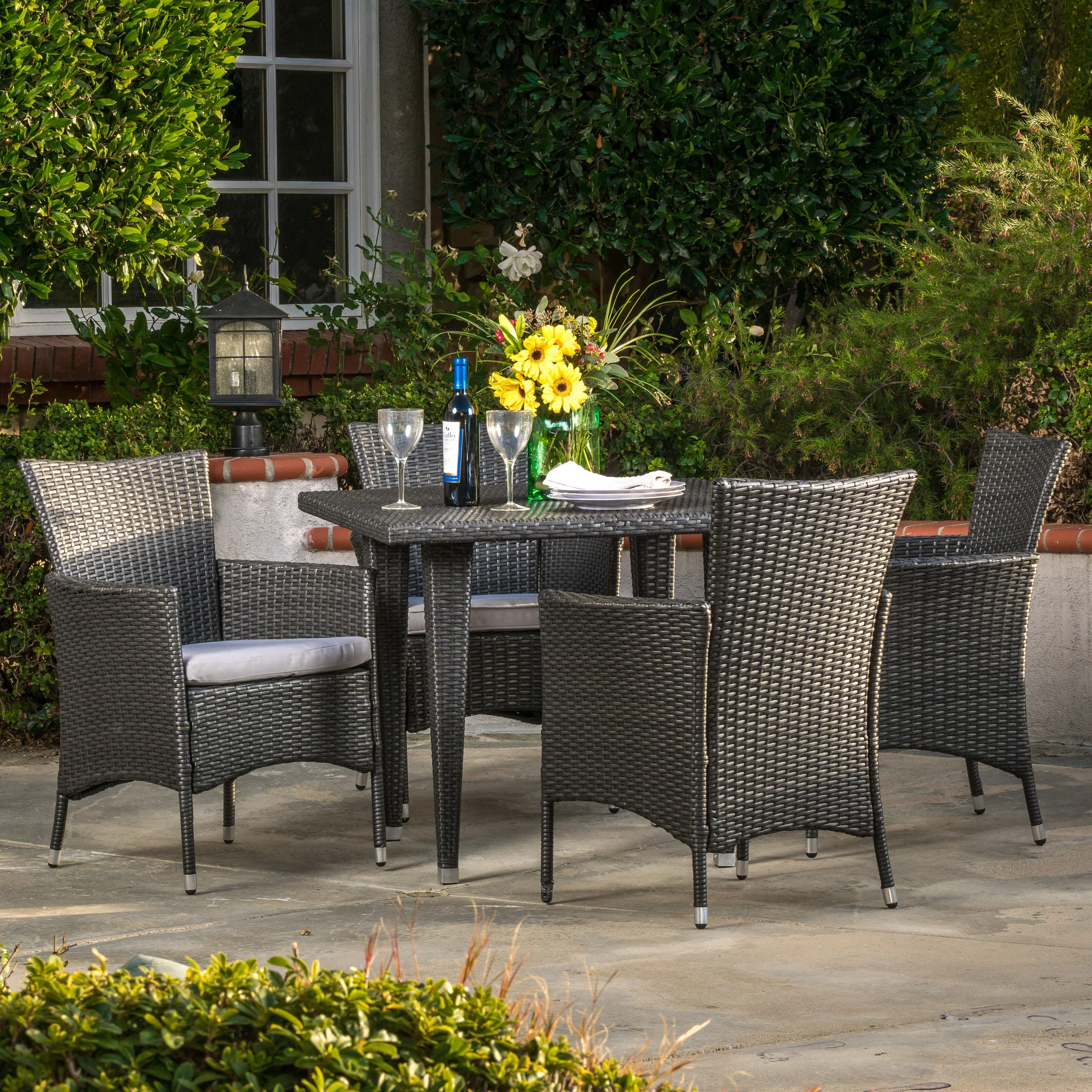 Brynhild Outdoor 5-Piece Gray Wicker Dining Set with Gray Cushions - furnishings