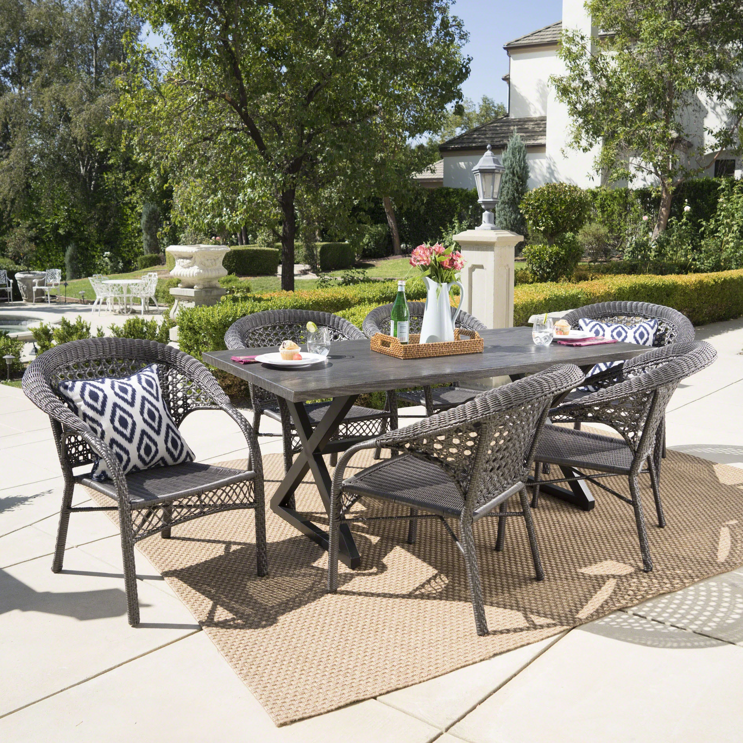 Solloom Outdoor 7 Piece Multi-brown Wicker Dining Set with Brown Aluminum Table - furnishings