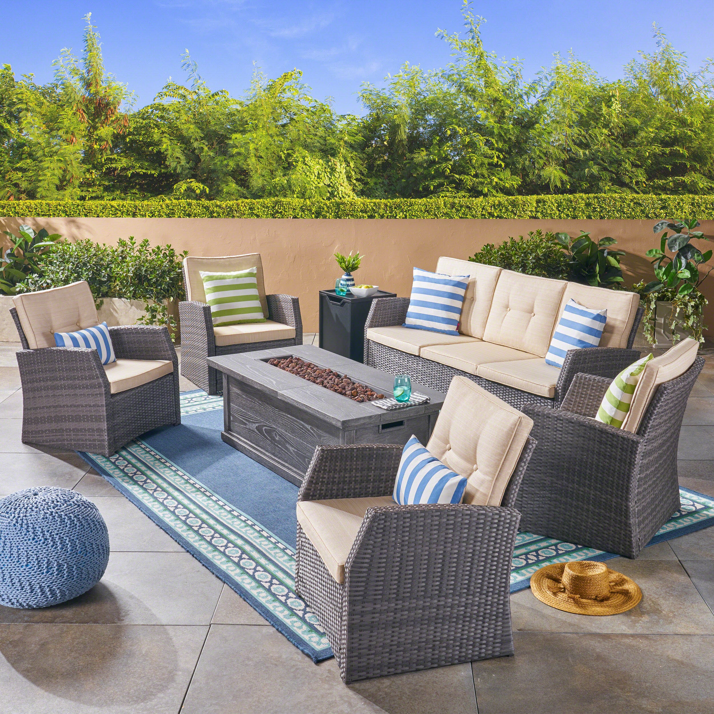 Jake Outdoor 7 Seater Wicker Chat Set with Wood Finished Fire Pit, Gray and Gray - furnishings