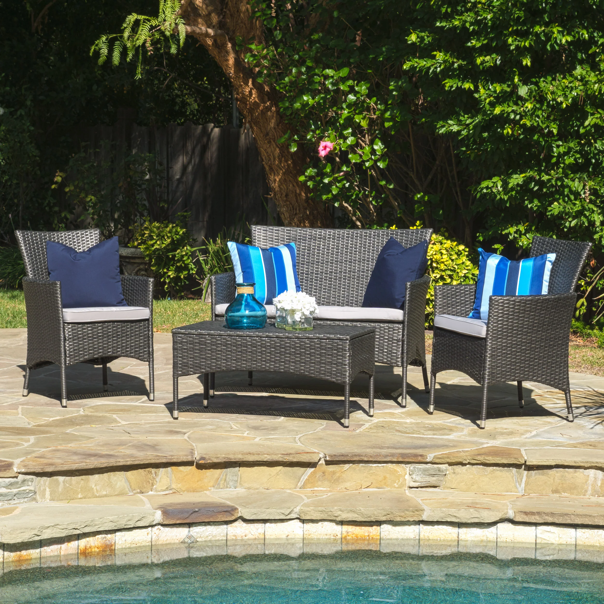 Mina Outdoor 4 Piece Wicker Chat Set with Water Resistant Cushions - furnishings