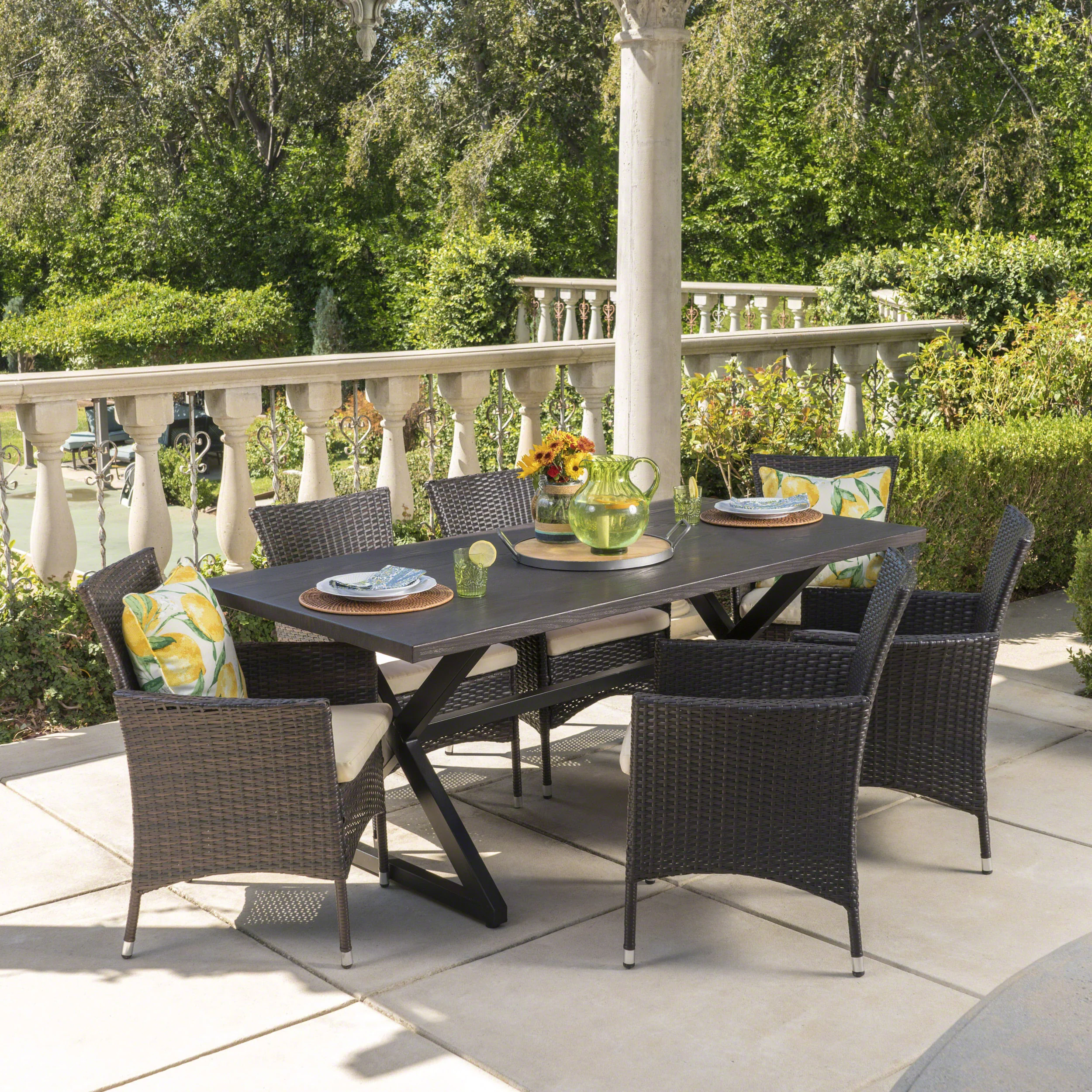 Dionlynn Outdoor 7 Piece Aluminum Dining Set with Wicker Dining Chairs - furnishings