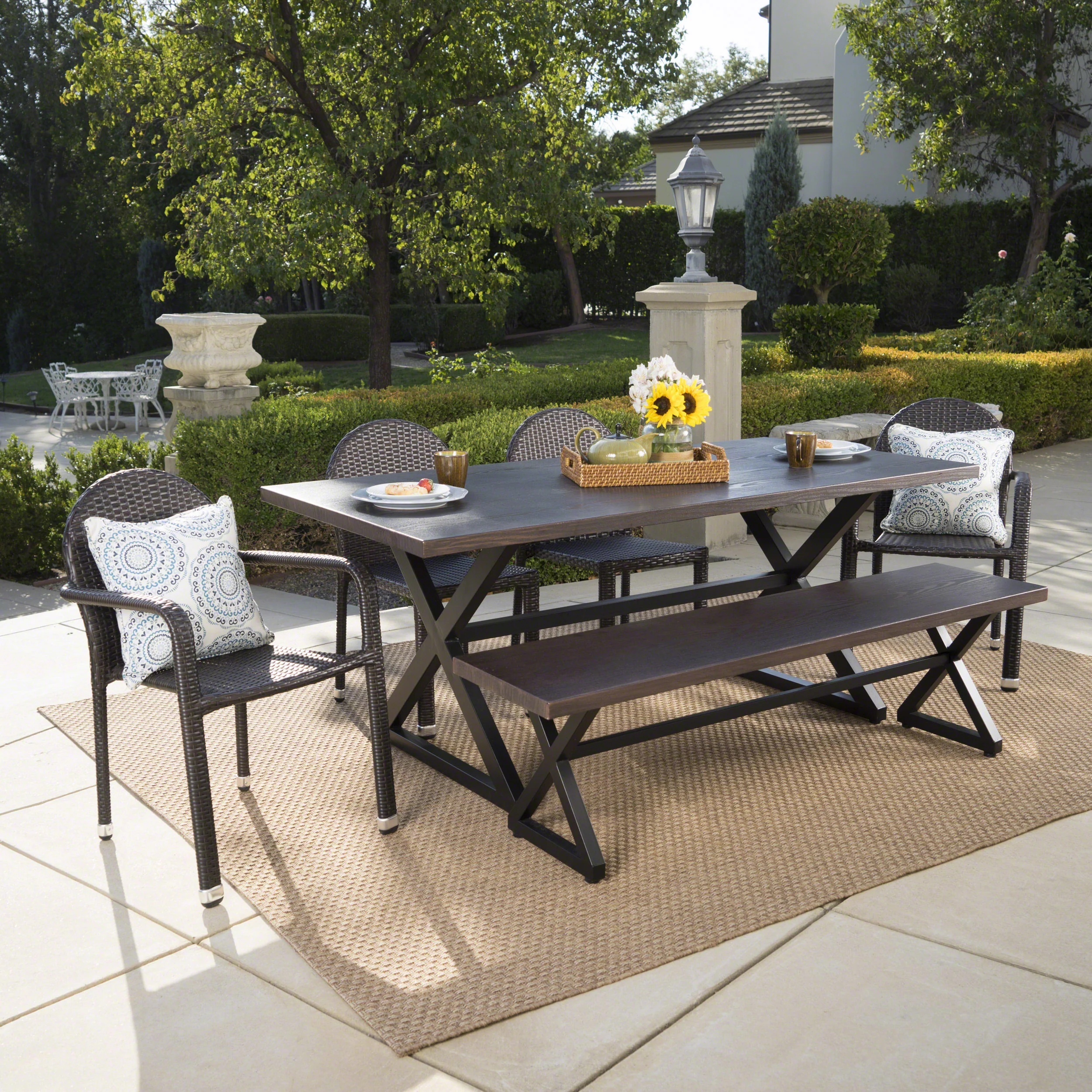 Burlingame Outdoor 6 Piece Brown Aluminum Dining Set with Multi-brown Stacking Chairs - furnishings