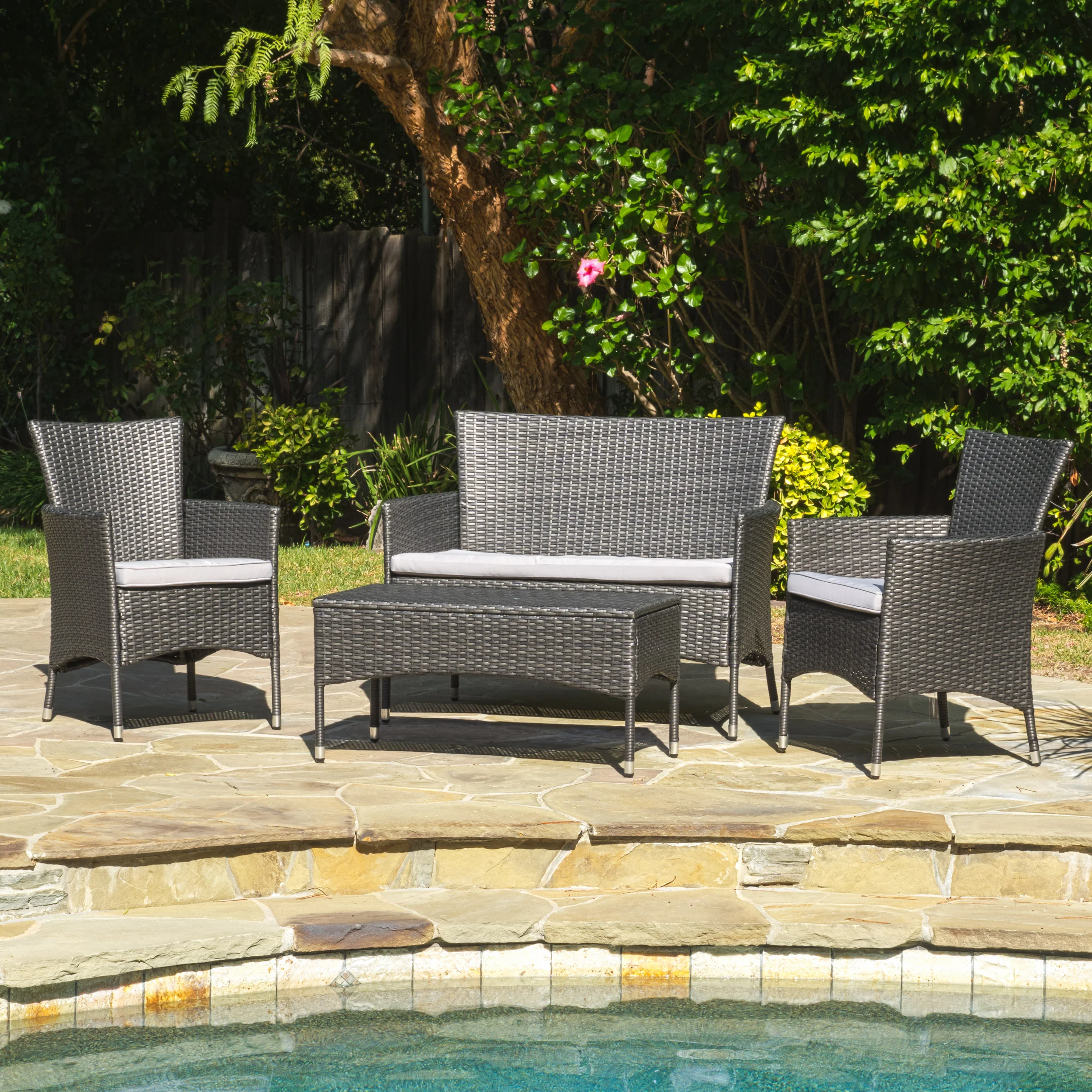 Mina Outdoor 4 Piece Wicker Chat Set with Water Resistant Cushions - furnishings