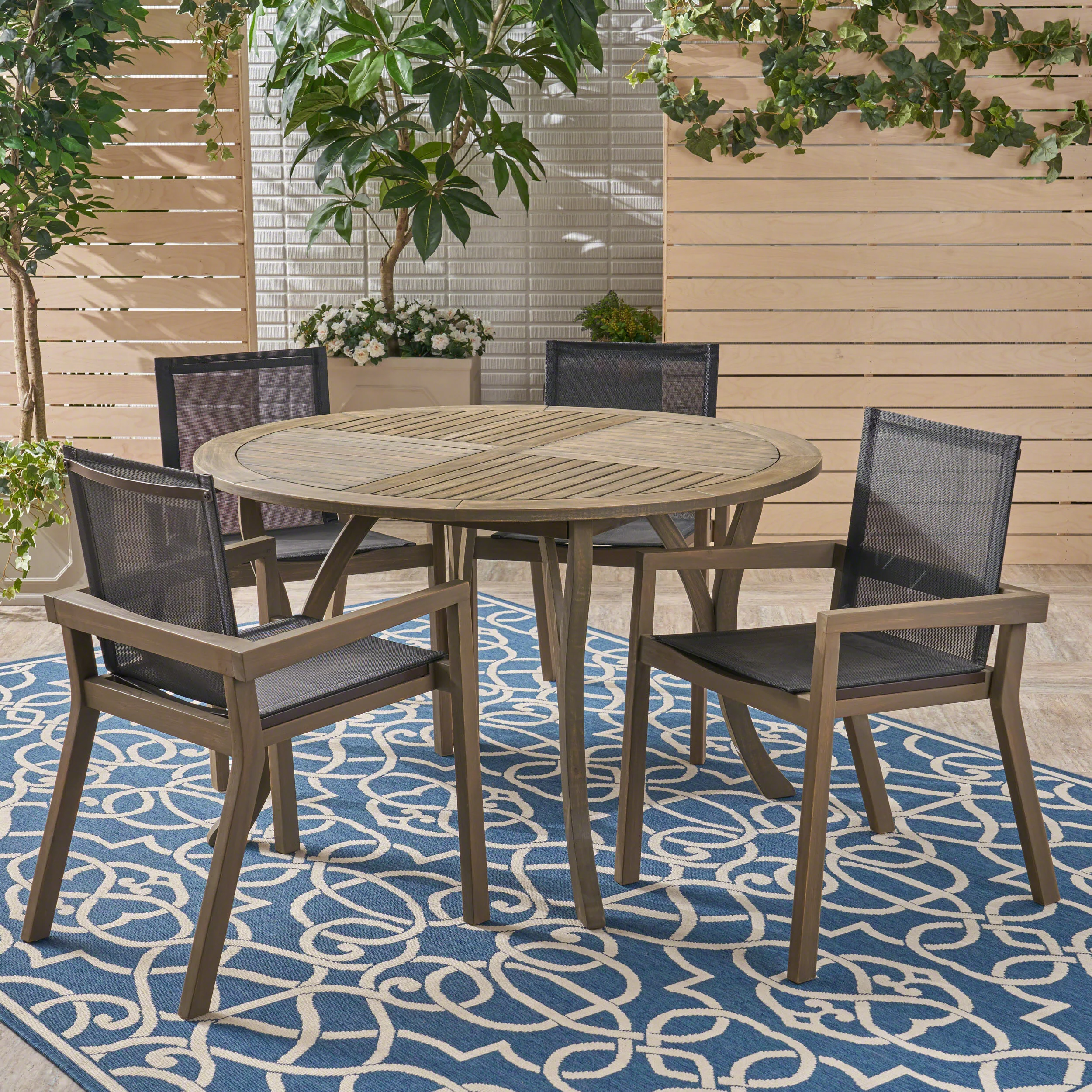 Spencer Outdoor Acacia Wood 5 Piece Round Dining Set with Mesh Seats - furnishings