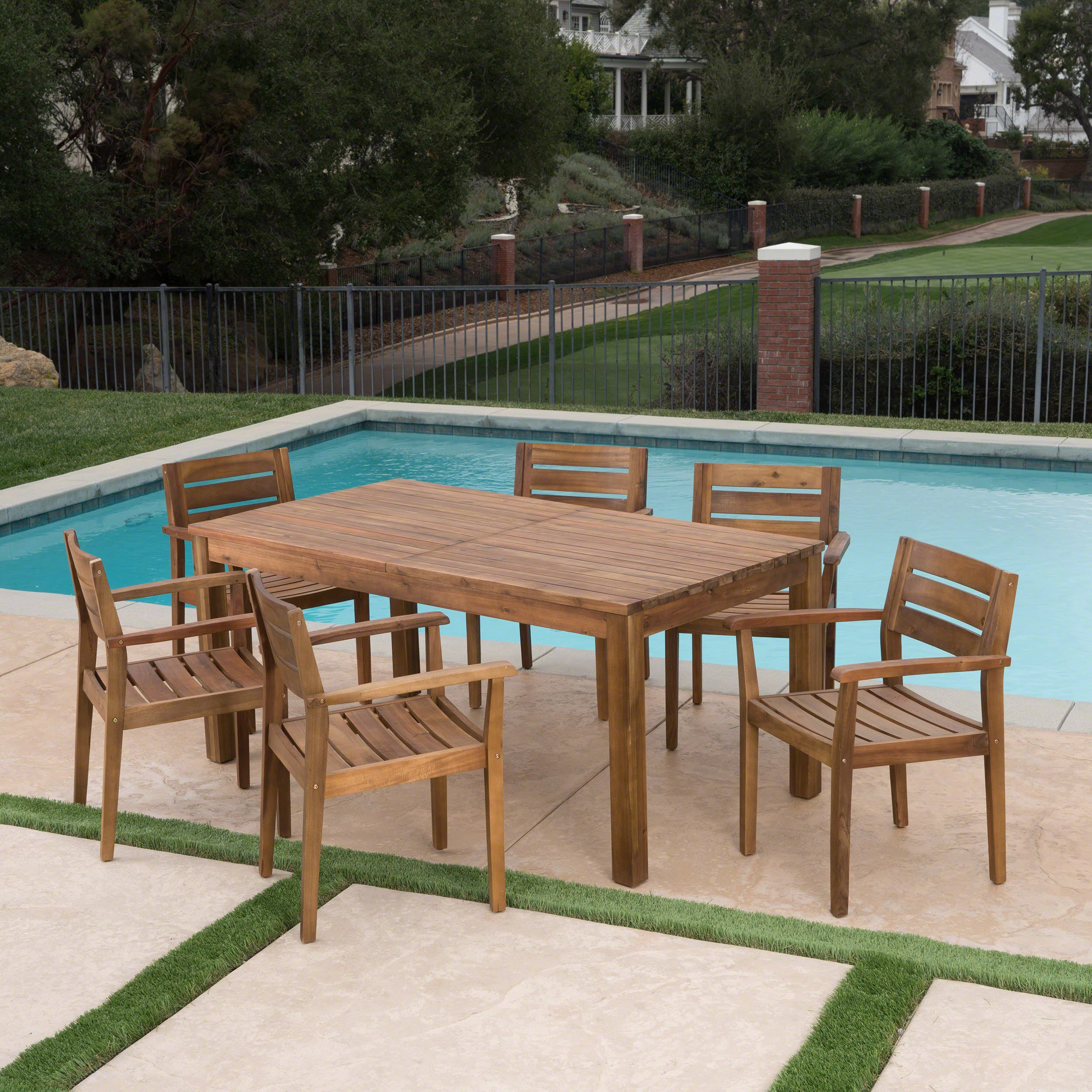 Sakura Outdoor 7 Piece Acacia Wood Dining Set with Expandable Dining Table - furnishings
