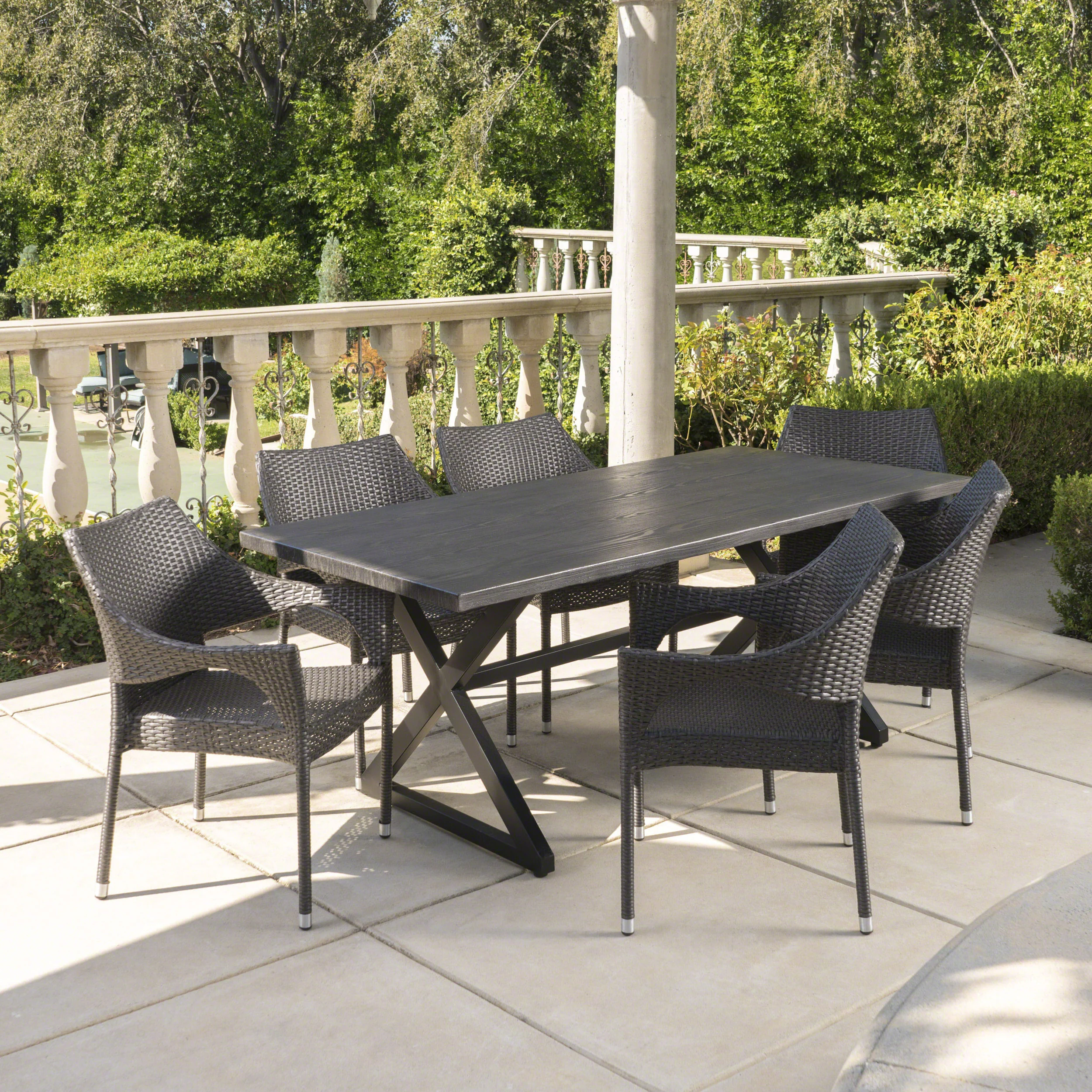 Graywood Outdoor 7 Piece Wicker Dining Set with Rectangular Aluminum Table - furnishings
