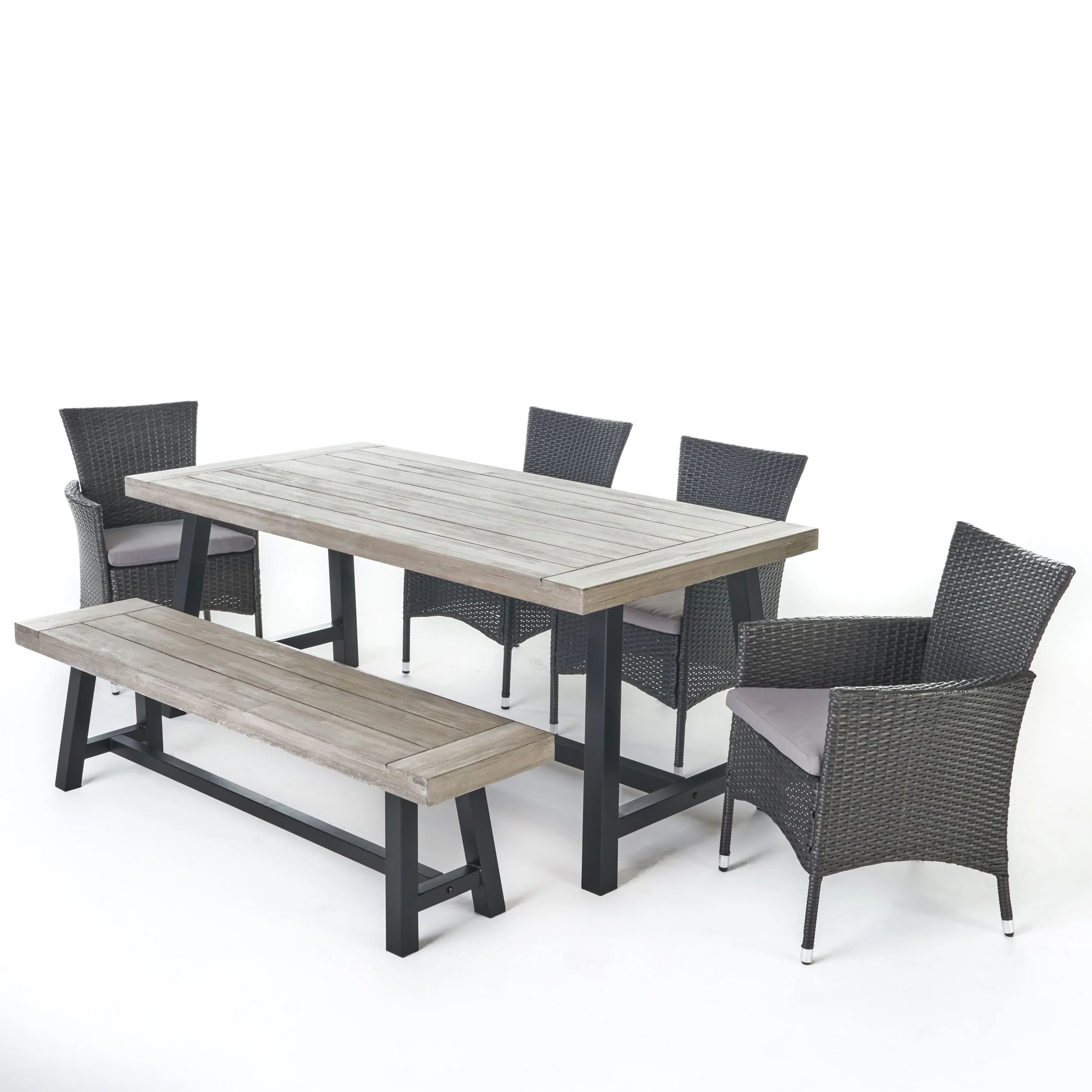 Linda Outdoor 6 Piece Wicker Dining Set with Acacia Wood Table and Bench - furnishings