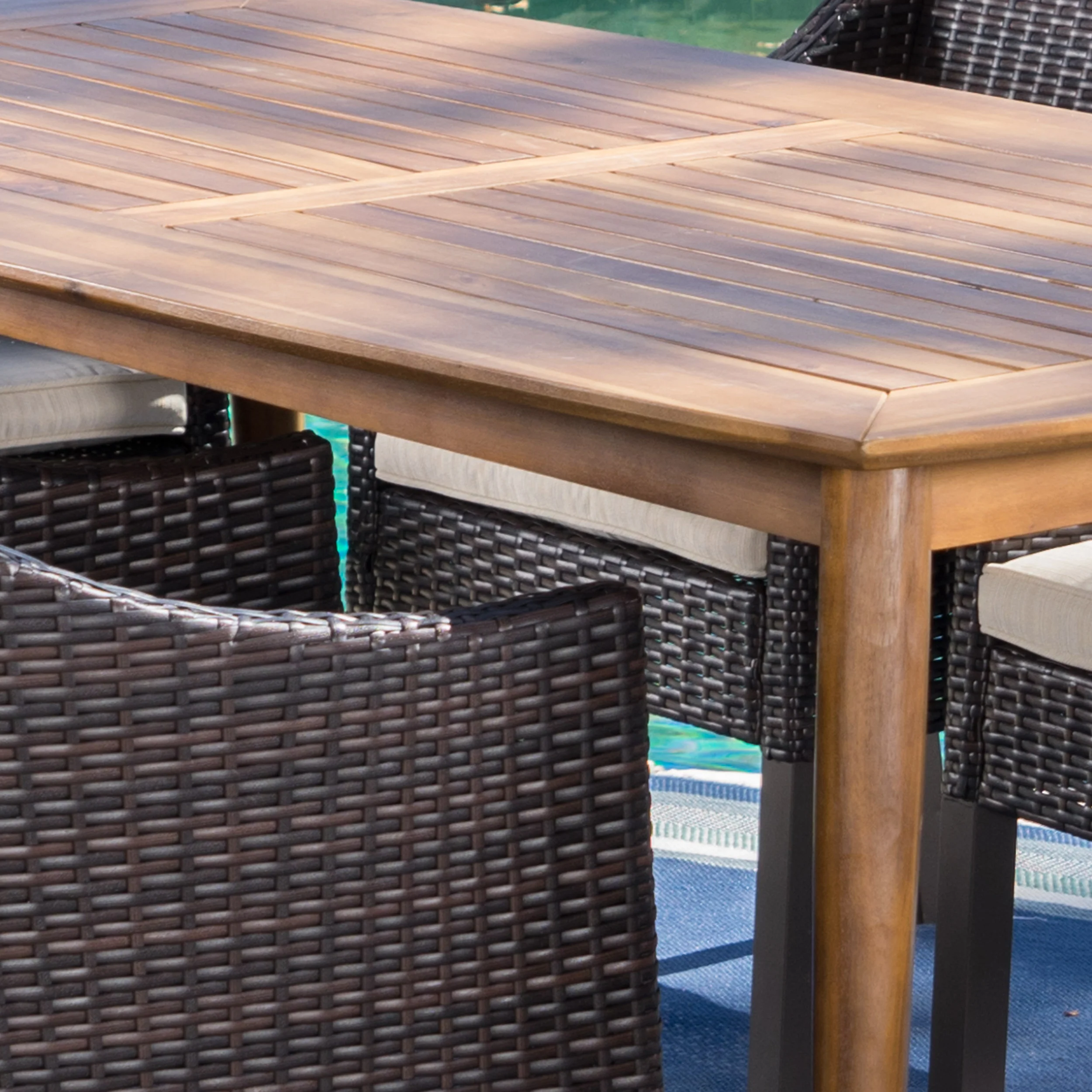 Kerk Outdoor 7 Piece Wicker Dining Set with Teak Finished Acacia Wood Table - furnishings