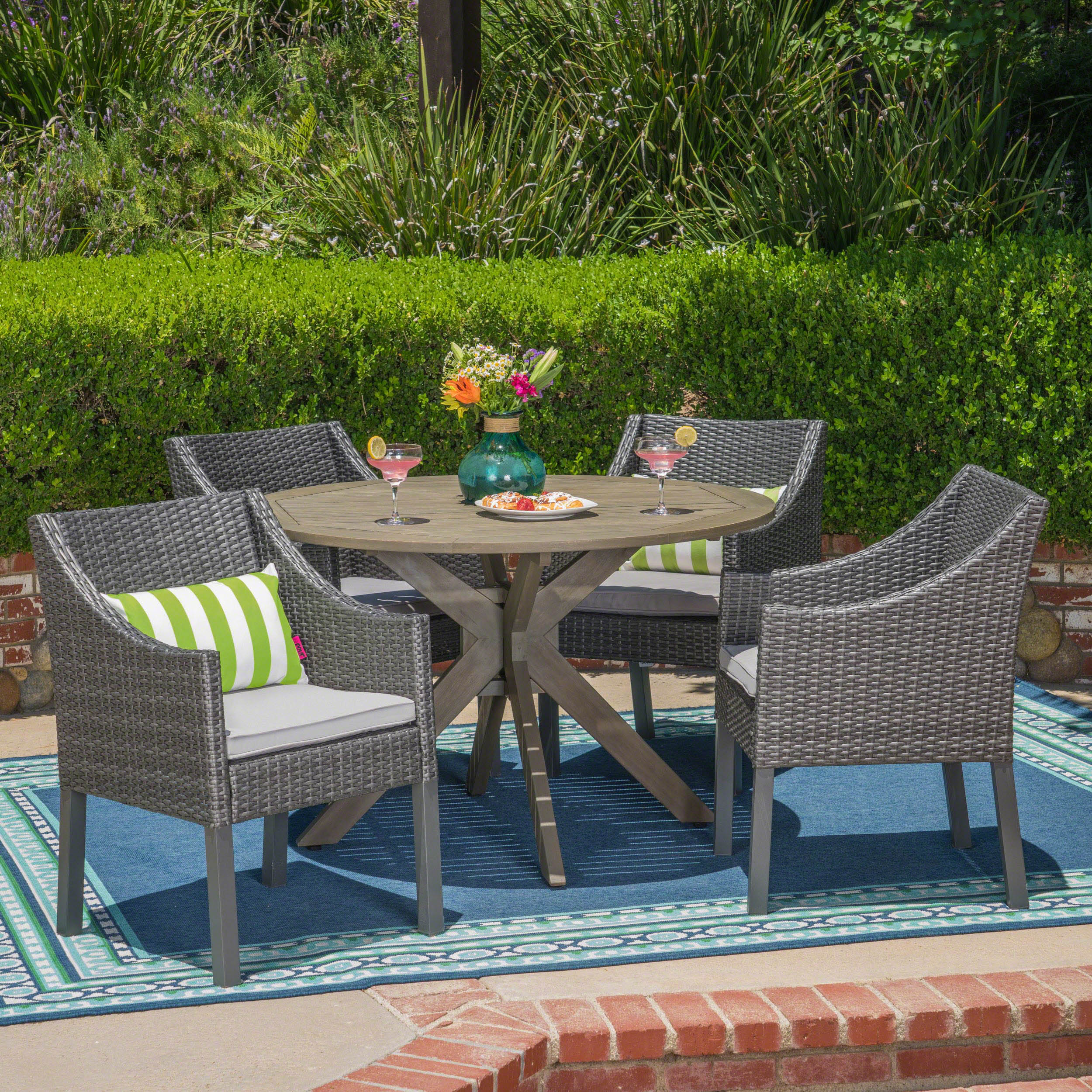 Orwel Outdoor 5 Piece Wood and Wicker Dining Set, Gray and Gray - furnishings