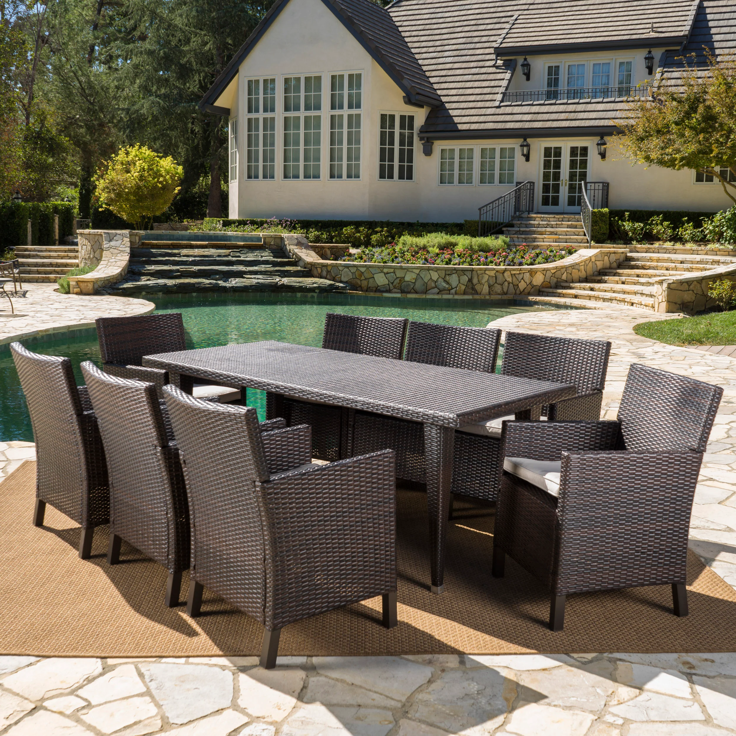 Cerrenne Outdoor 9 Piece Wicker Dining Set with Water Resistant Cushions - furnishings