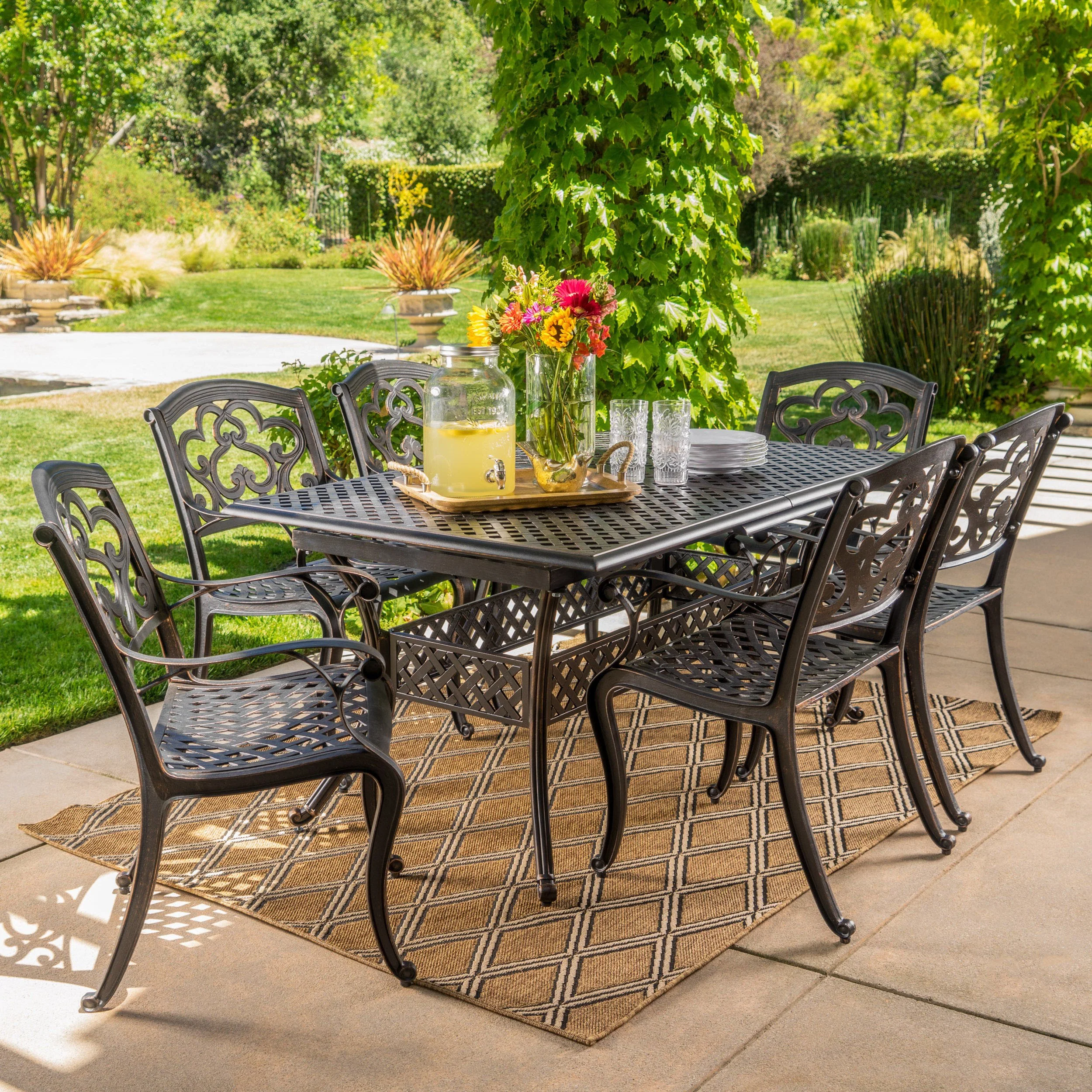 Ariel Outdoor 7 Pc Cast Aluminum Dining Set with Extension Leaf - furnishings