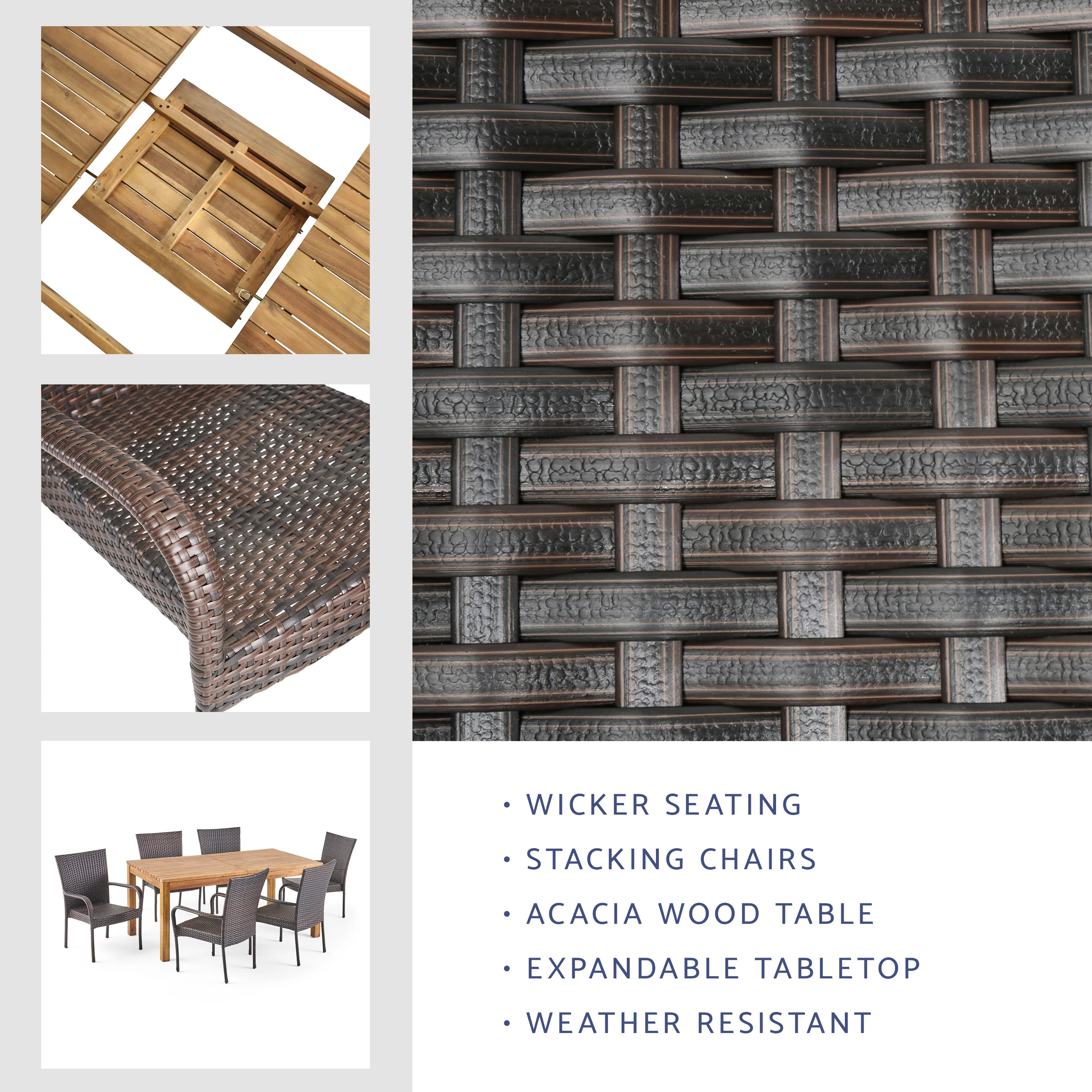Delilah Outdoor 7 Piece Wicker Dining Set with Wood Expandable Dining Table - furnishings
