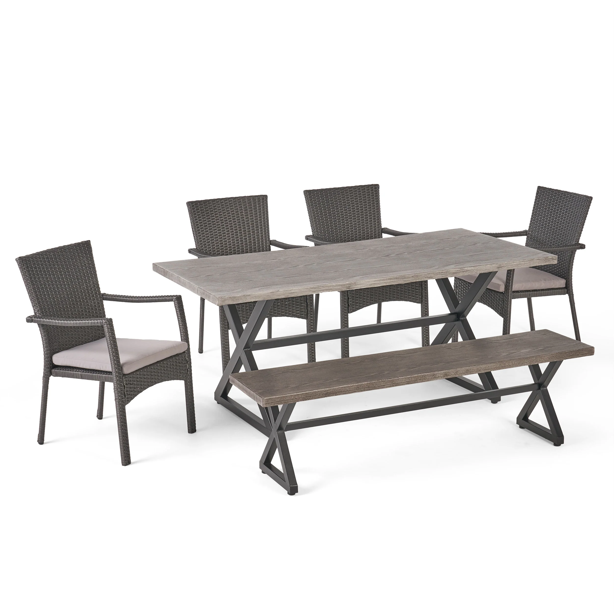 Tripoli Outdoor 6 Piece Aluminum Dining Set with Bench and Wicker Dining Chairs - furnishings